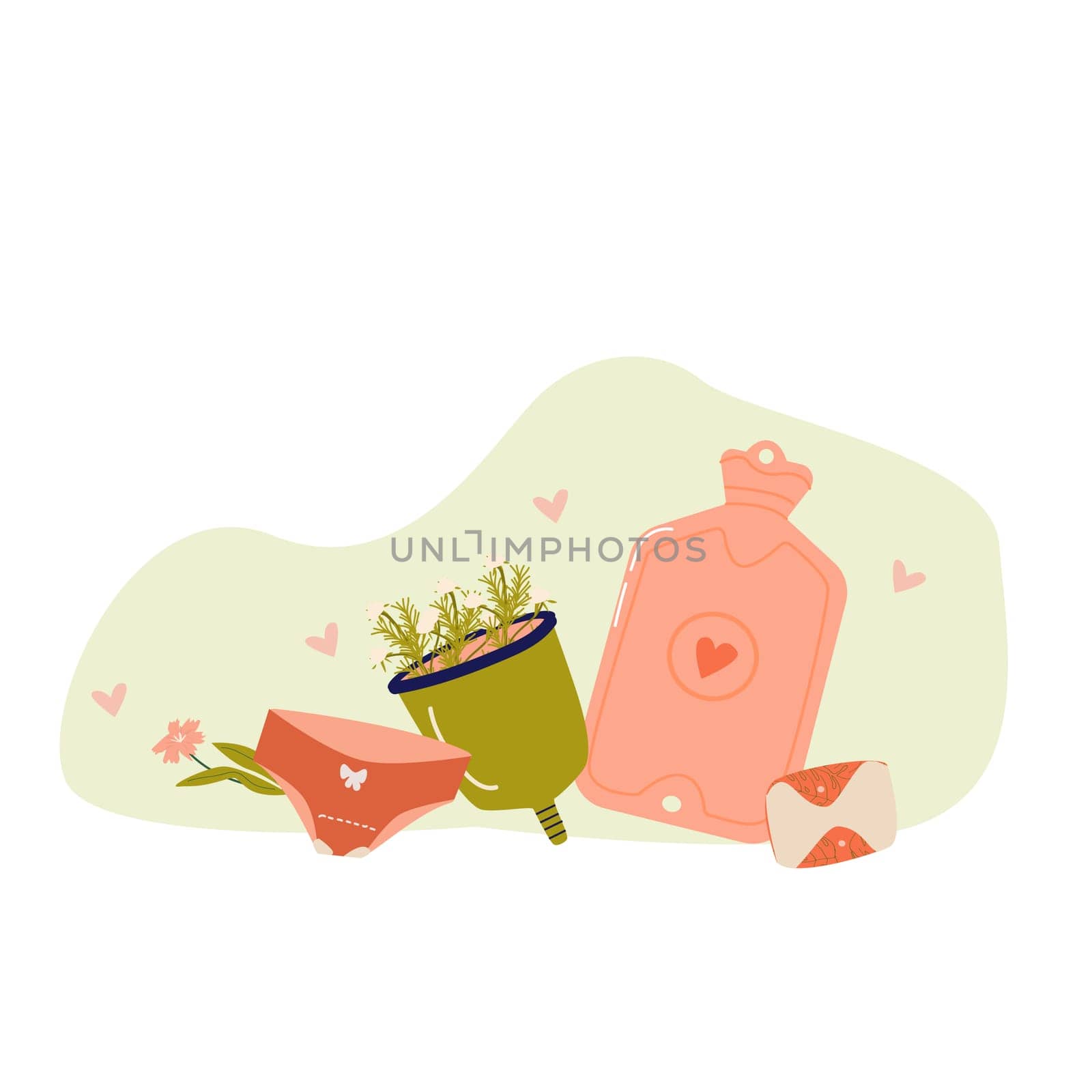 Banner female reusable supplies in menstrual period. Vector illustration included menstrual cup, warm and panties.