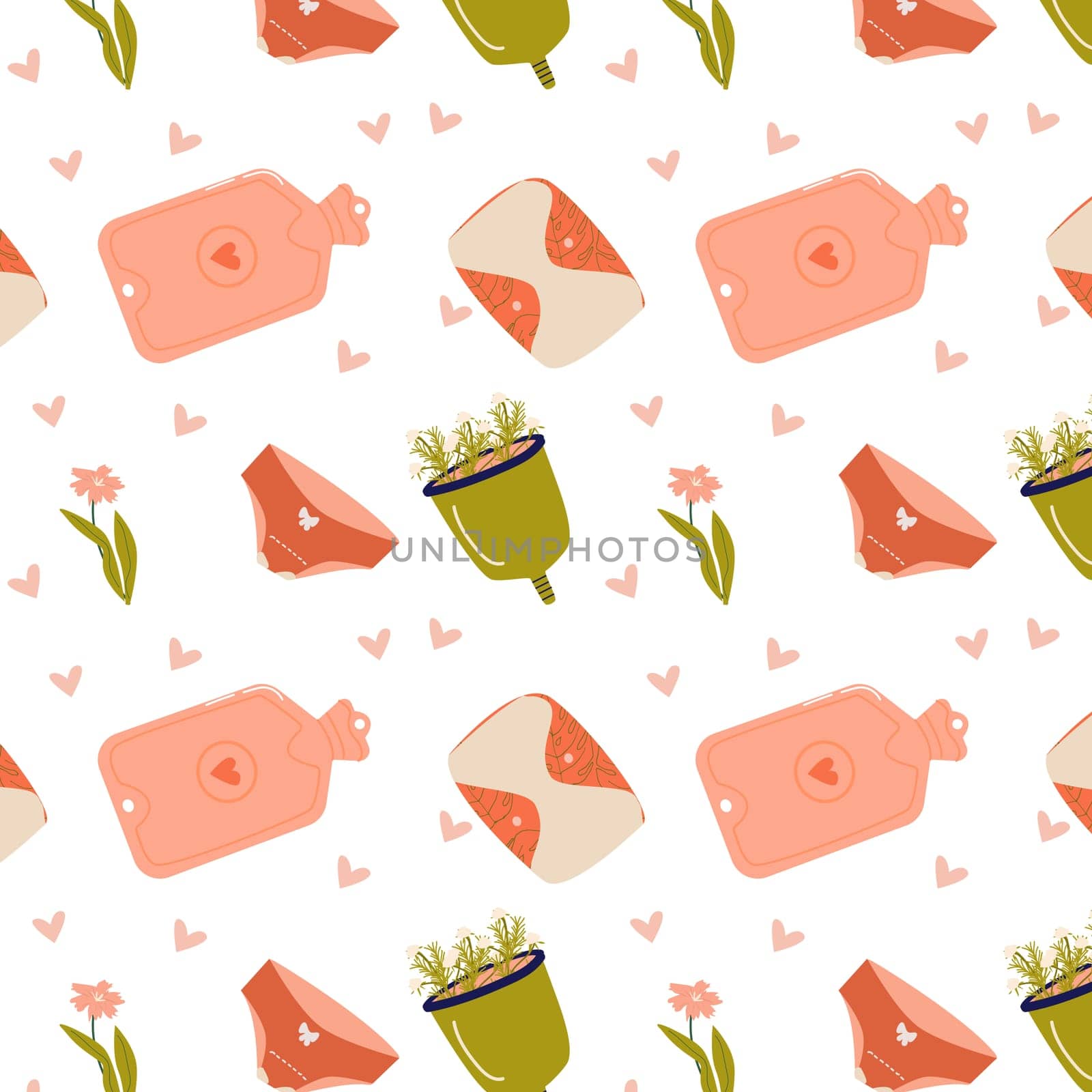 Warm and panties and other supplies in period seamless pattern with heart and flowers. Vector illustration woman healthy care.