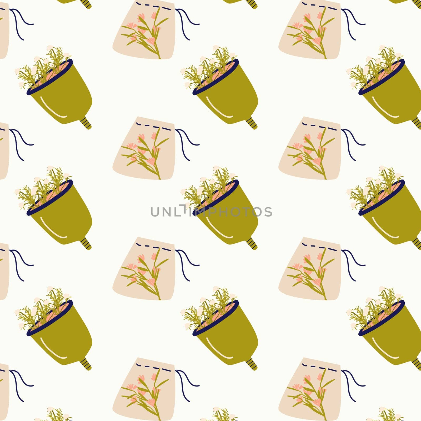 menstrual cup and small bag reusable items seamless pattern. Vector illustration of reusable womans supplies in periods. Woman healthy background.