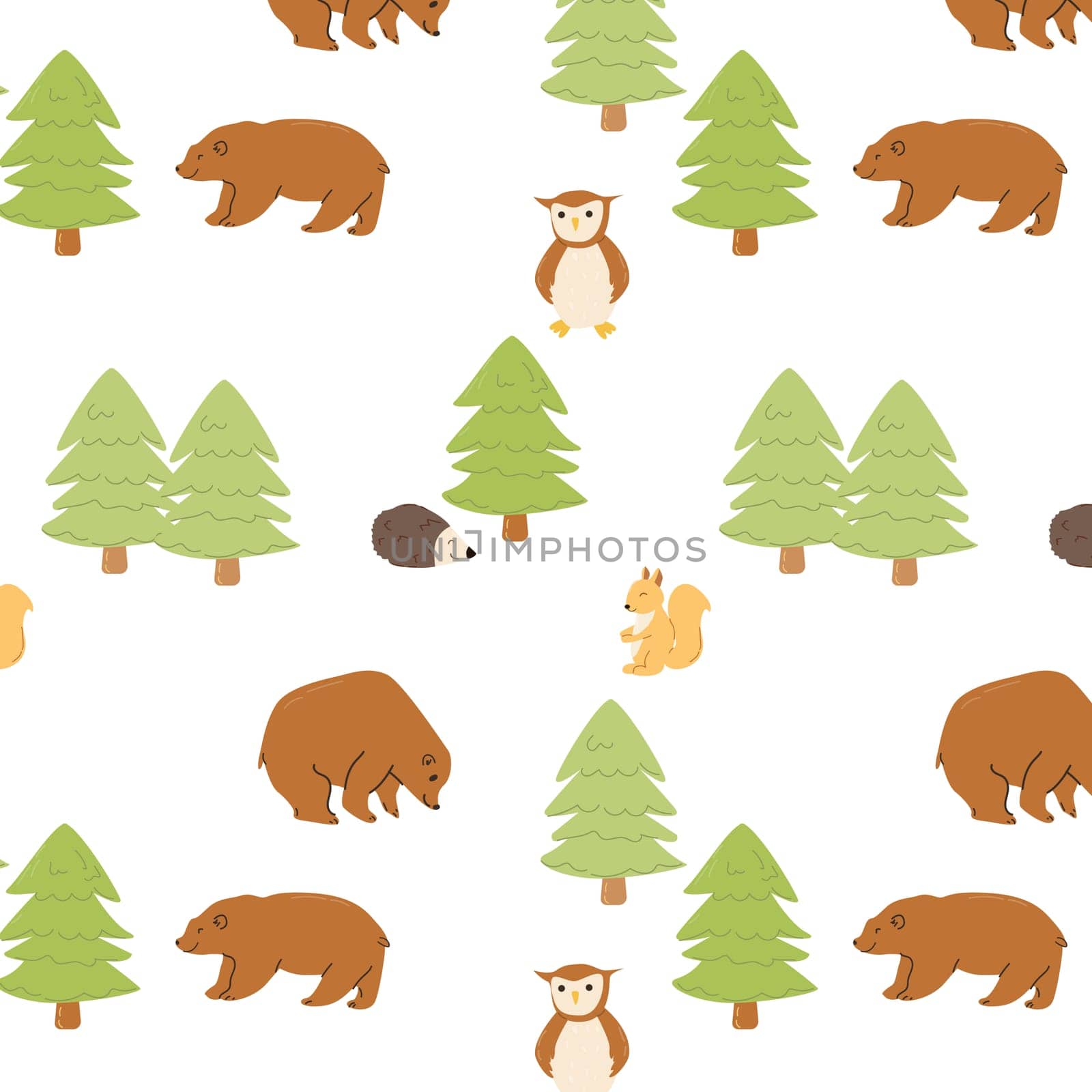 woodland animals in forest summer kids pattern. Vector illustration can used for wrapping paper, wallpaper, decoration poster. Bear, squirell, hedgehog and owl animals with christmas tree