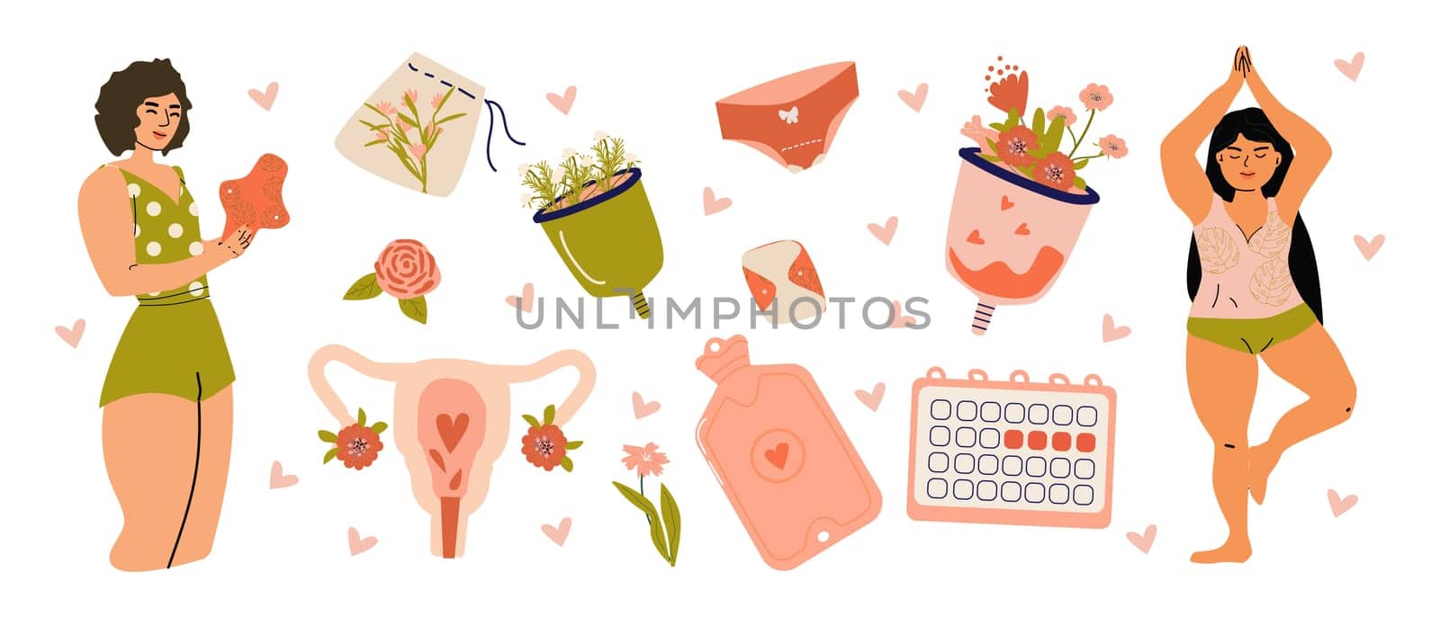 female healthy concept of mentstrual reusable equipment. Vector illustration of women, calendar, warmer, menstrual cup, reproductive system, panties and flowers, leaves.