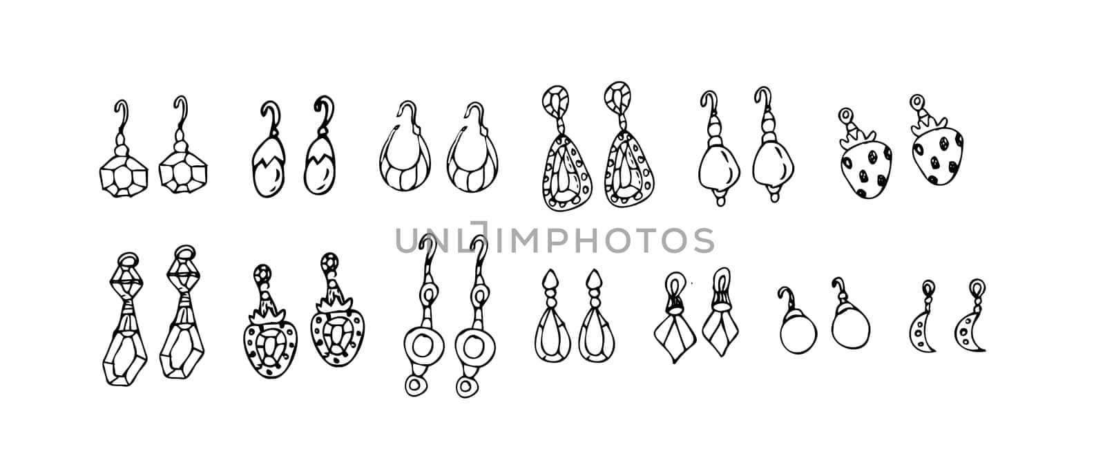 Hand drawn jewerly set of diamond earings. Vector illustration isolated. Can used for greeting card, beauty banner, posters, clothes print.