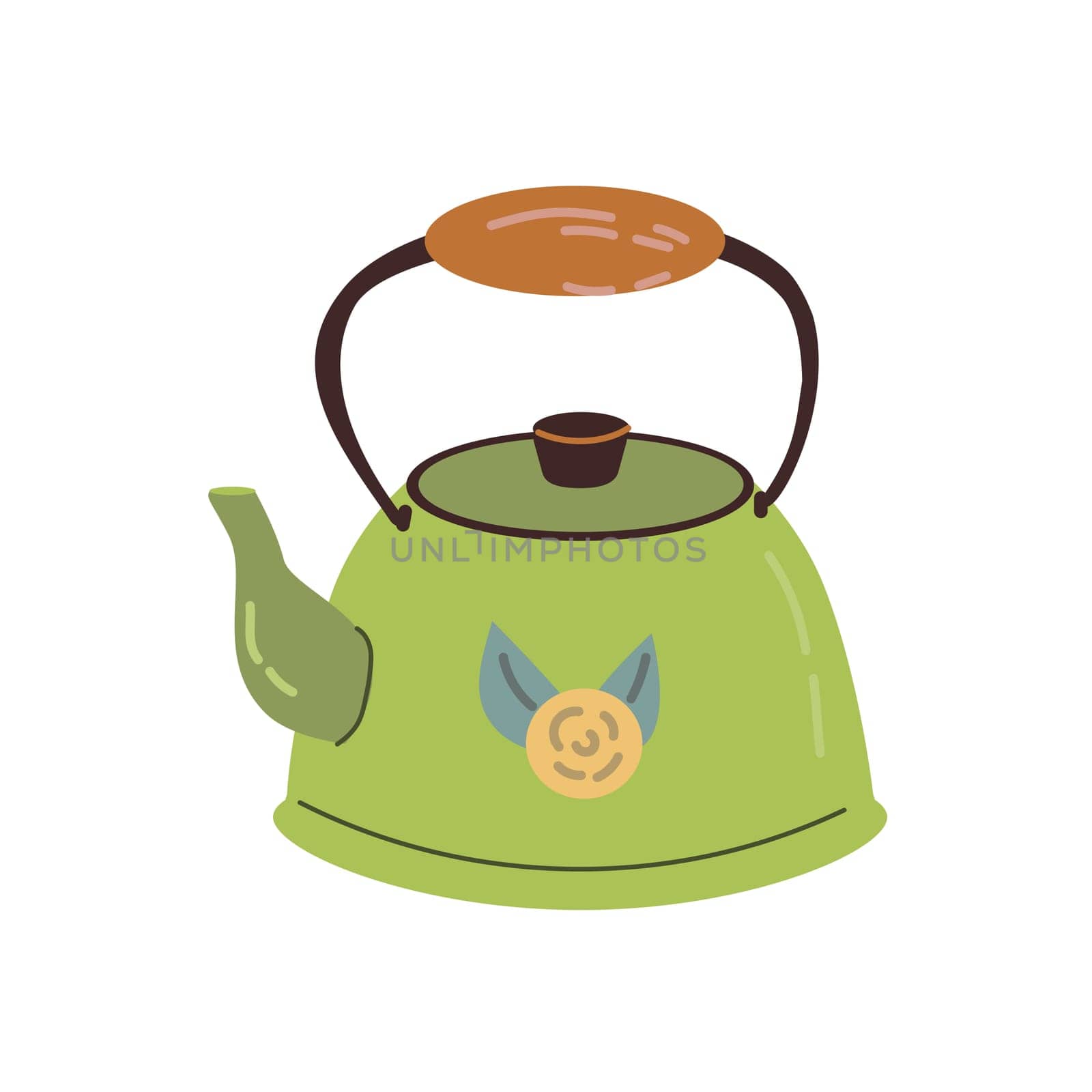 Hand drawn green kettle with flower decor. Vector illustration can used for vintage background, postcard, greeting card.