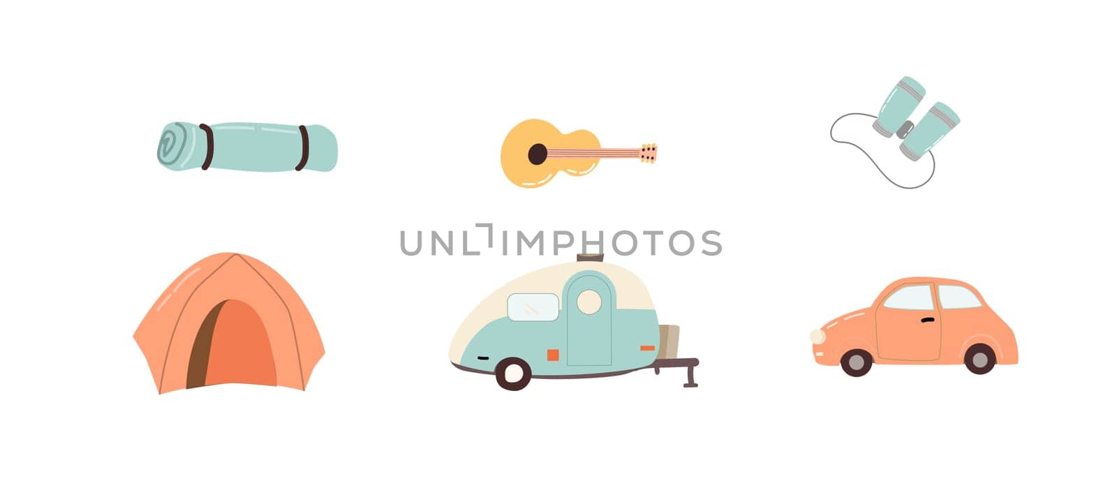 Hand drawn automobile and trailer and camp equipment. Vector illustration of travel supplies and transport. Outdoor recreation elements.