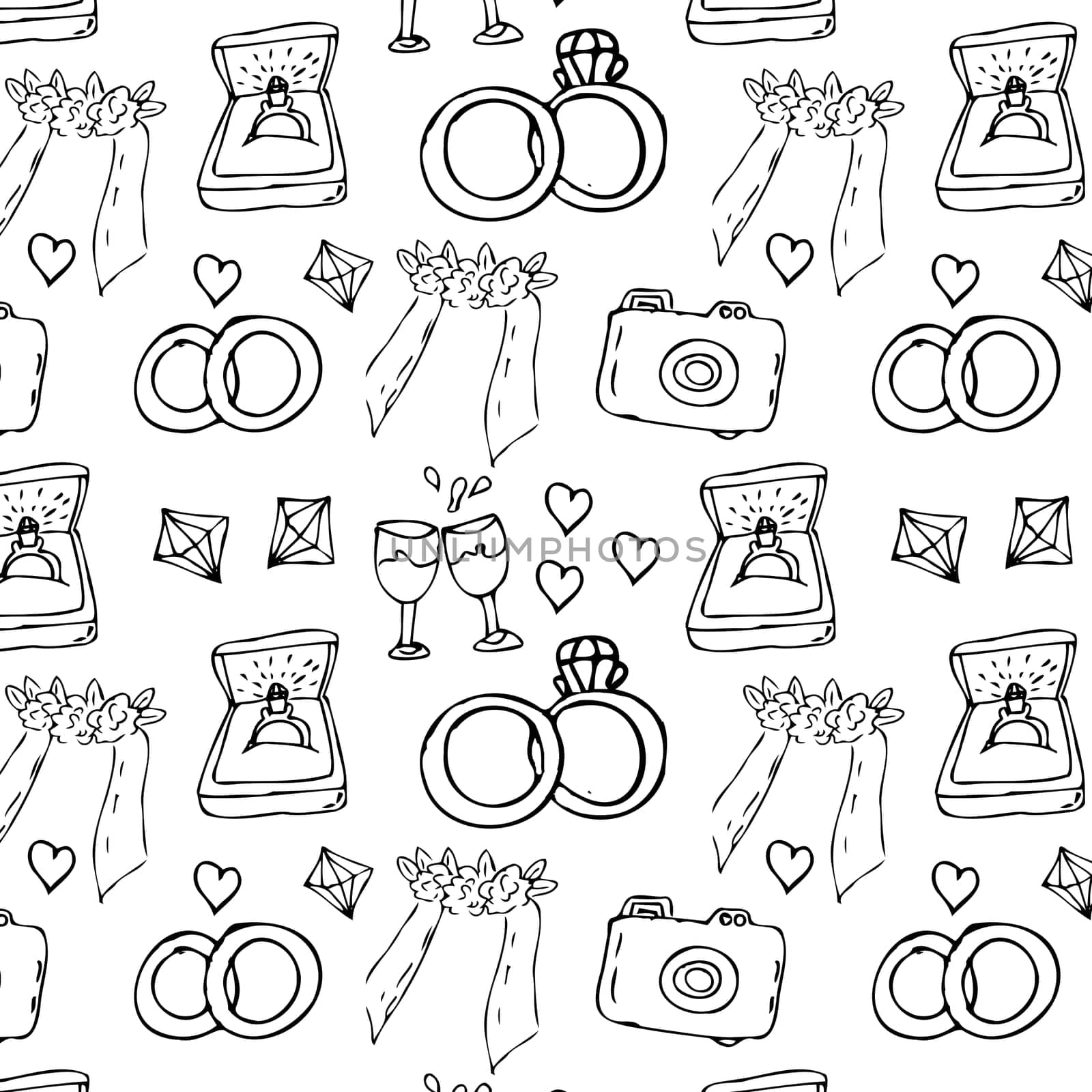 Hand drawn wedding outline doodle seamless pattern of jewerly and bridal. Vector illustration of wedding ceremony items in hand drawn doodle sketch style for textile, wrapping paper, poster.
