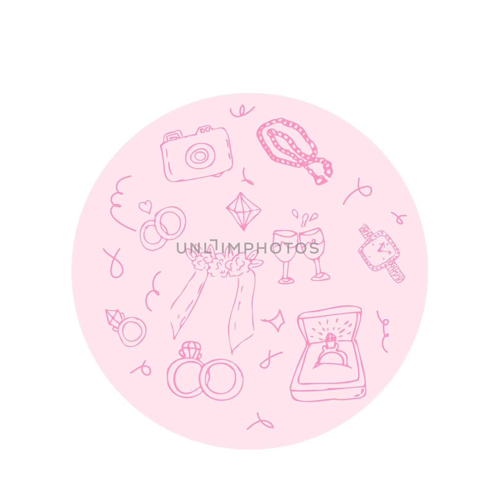 Hand drawn wedding outline doodle icons round background of jewerly and bridal. Vector illustration of wedding ceremony items in hand drawn, for greeting card, invitation, save and date card.