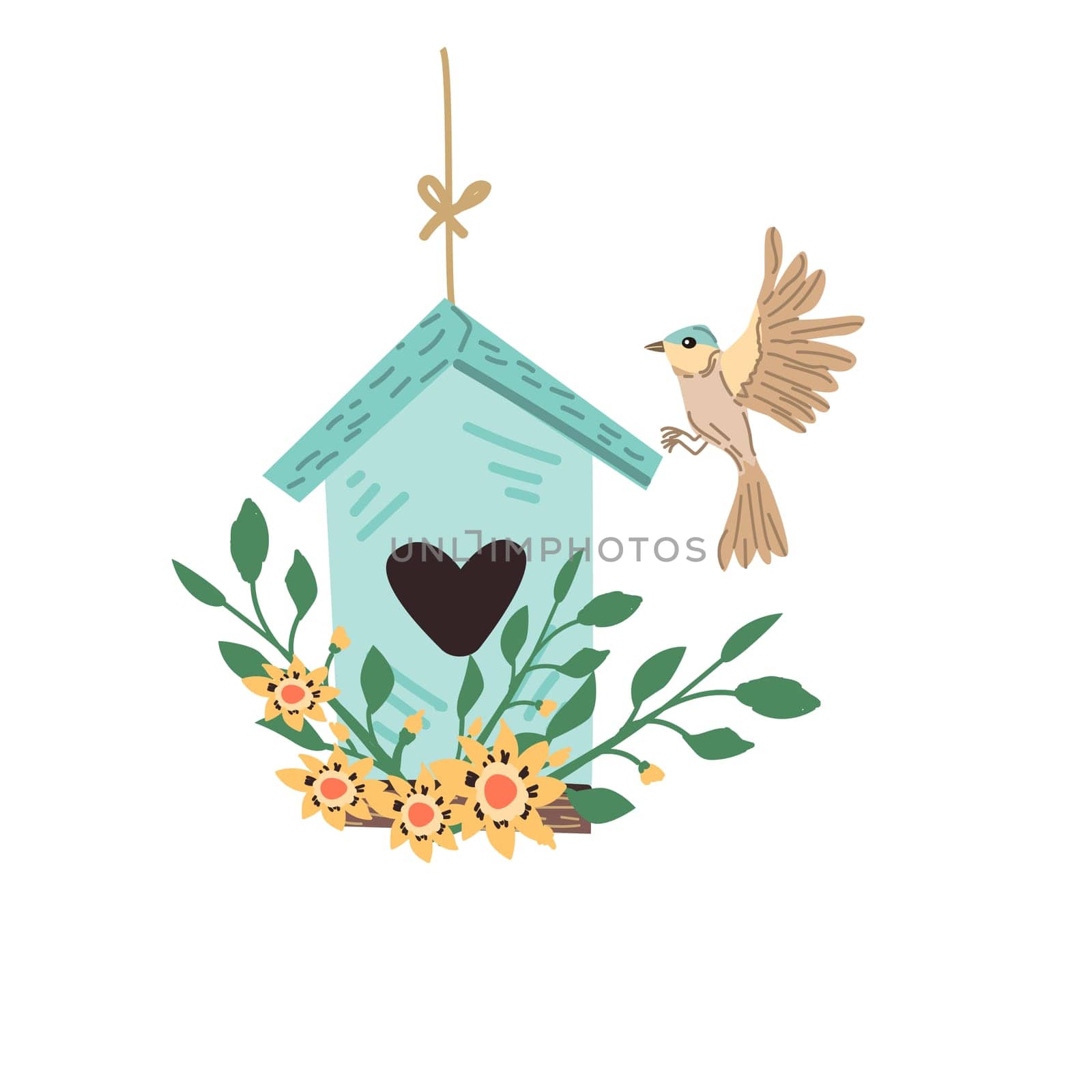 spring bird and flying birdhouse for greeting card, cover design. Vector illustration isolated. Can used for wallpaper, poster, print design for cloth.