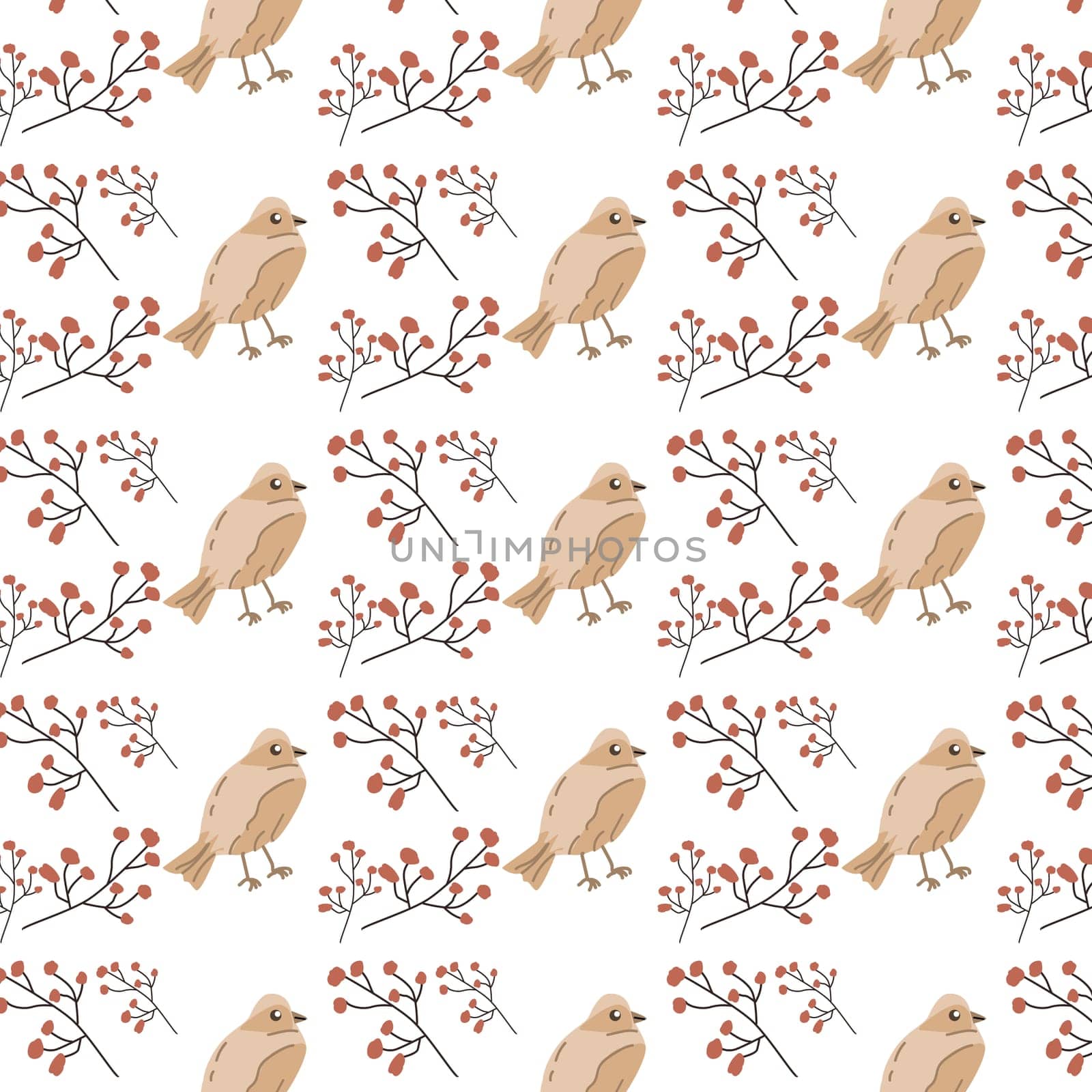 Adorable bird with floral elements - seamless pattern. Vector illustration can use for wallpaper, poster, print. Autumn colors.