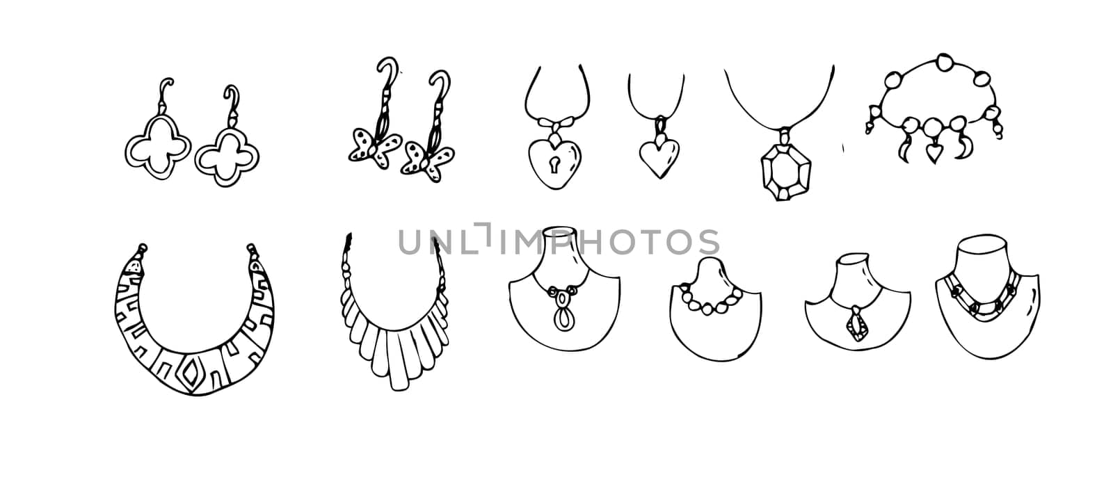 Hand drawn jewerly set of diamond pendants and other jewel supplies. Vector illustration isolated. Can used for greeting card, beauty banner, posters, clothes print.