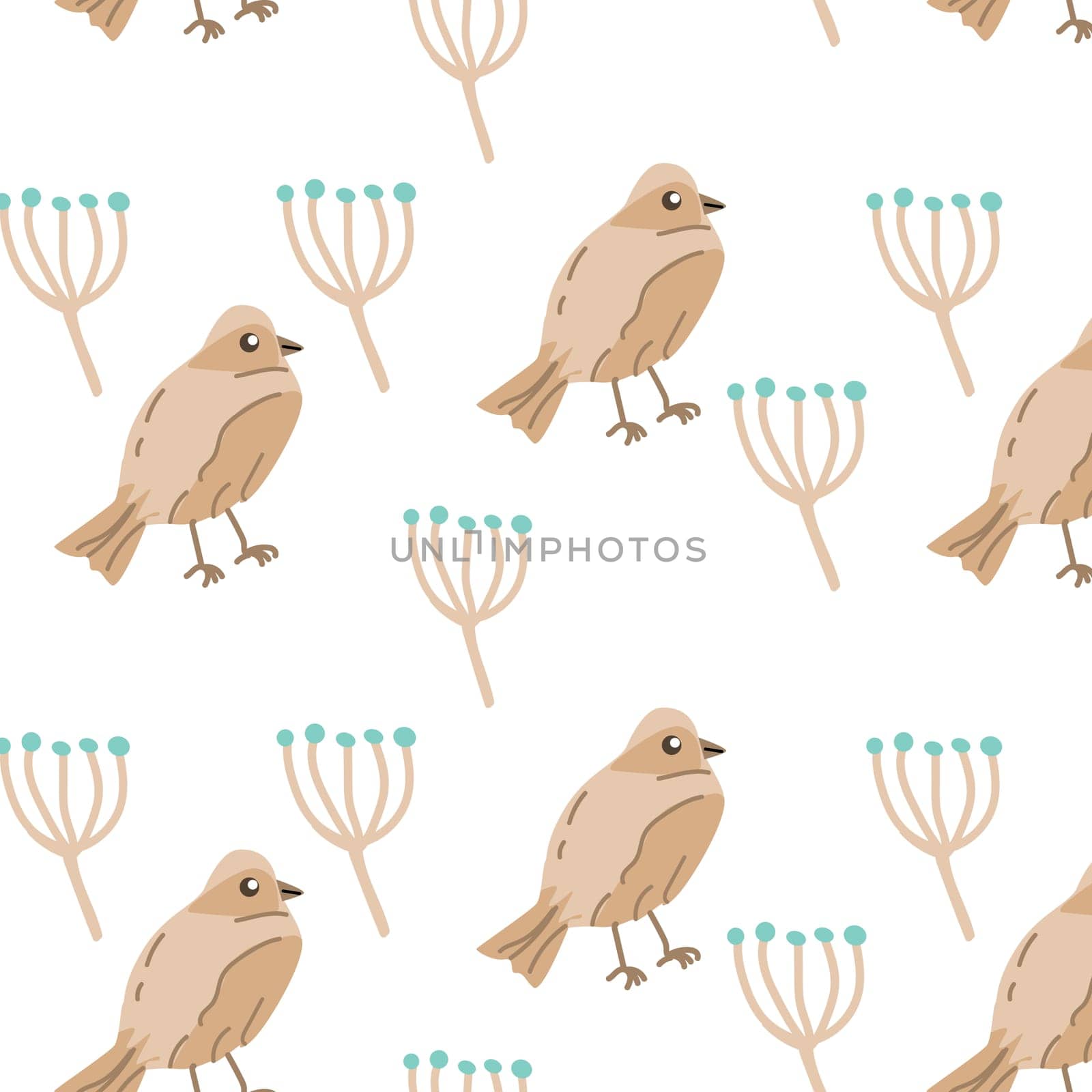 Autumn bird with floral elements - seamless pattern. Vector illustration can use for wallpaper, poster, print.