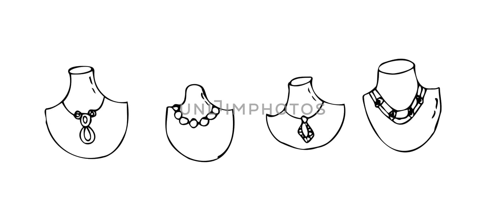 Hand drawn jewerly set of diamond pendants or necklaces. Vector illustration isolated. Can used for greeting card, beauty banner, posters, clothes print.