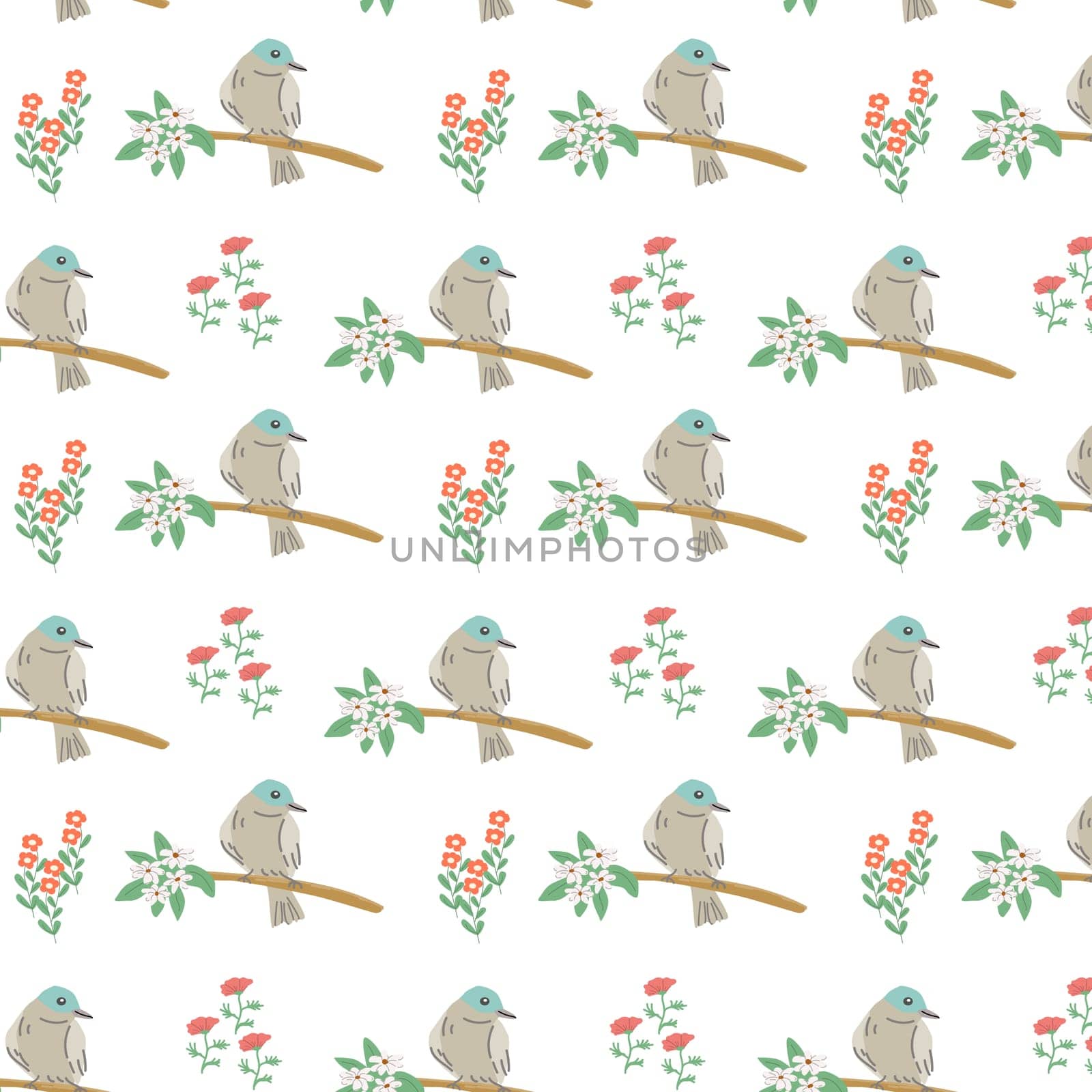 Adorable bird with floral elements and flower - seamless pattern. Vector illustration can use for wallpaper, poster, print.