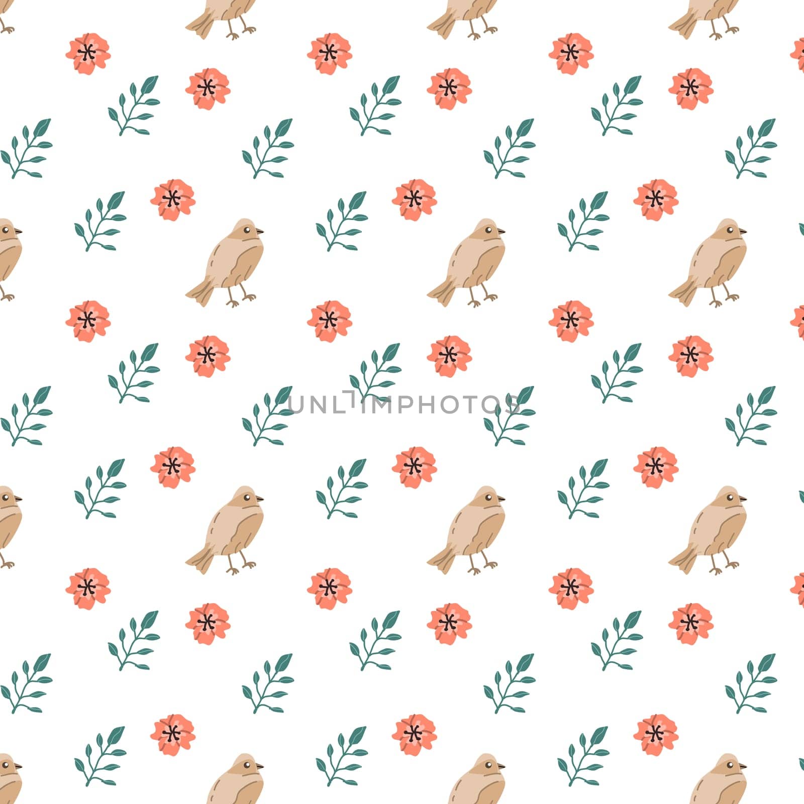 Adorable bird with floral elements - seamless summer pattern. Vector illustration can use for wallpaper, poster, print. Pink flower and leaves with bird.