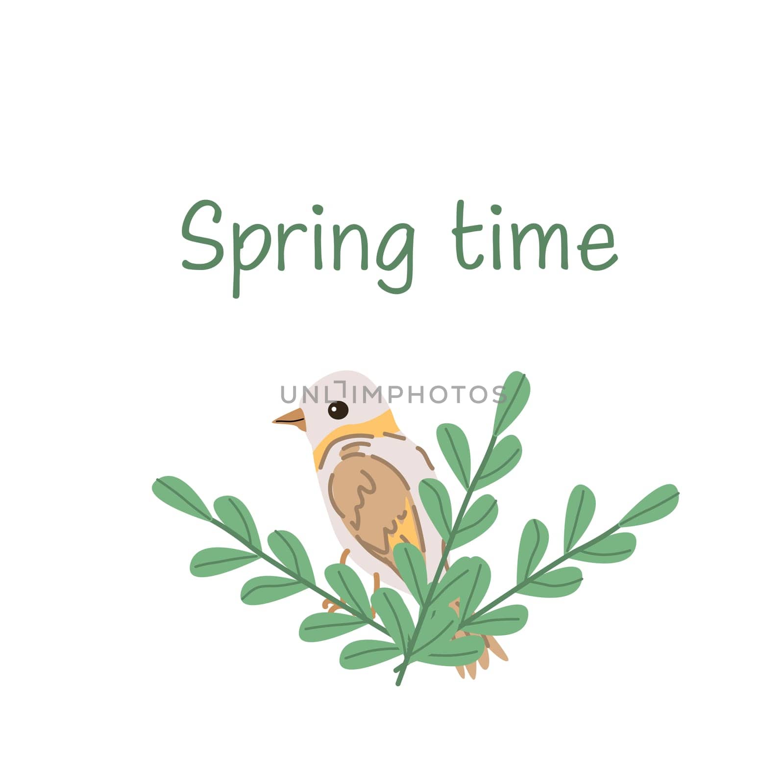 spring time lettering and cute bird and branch with leaves. Vector illustration isolated. Can used for wallpaper, poster, print design for cloth.