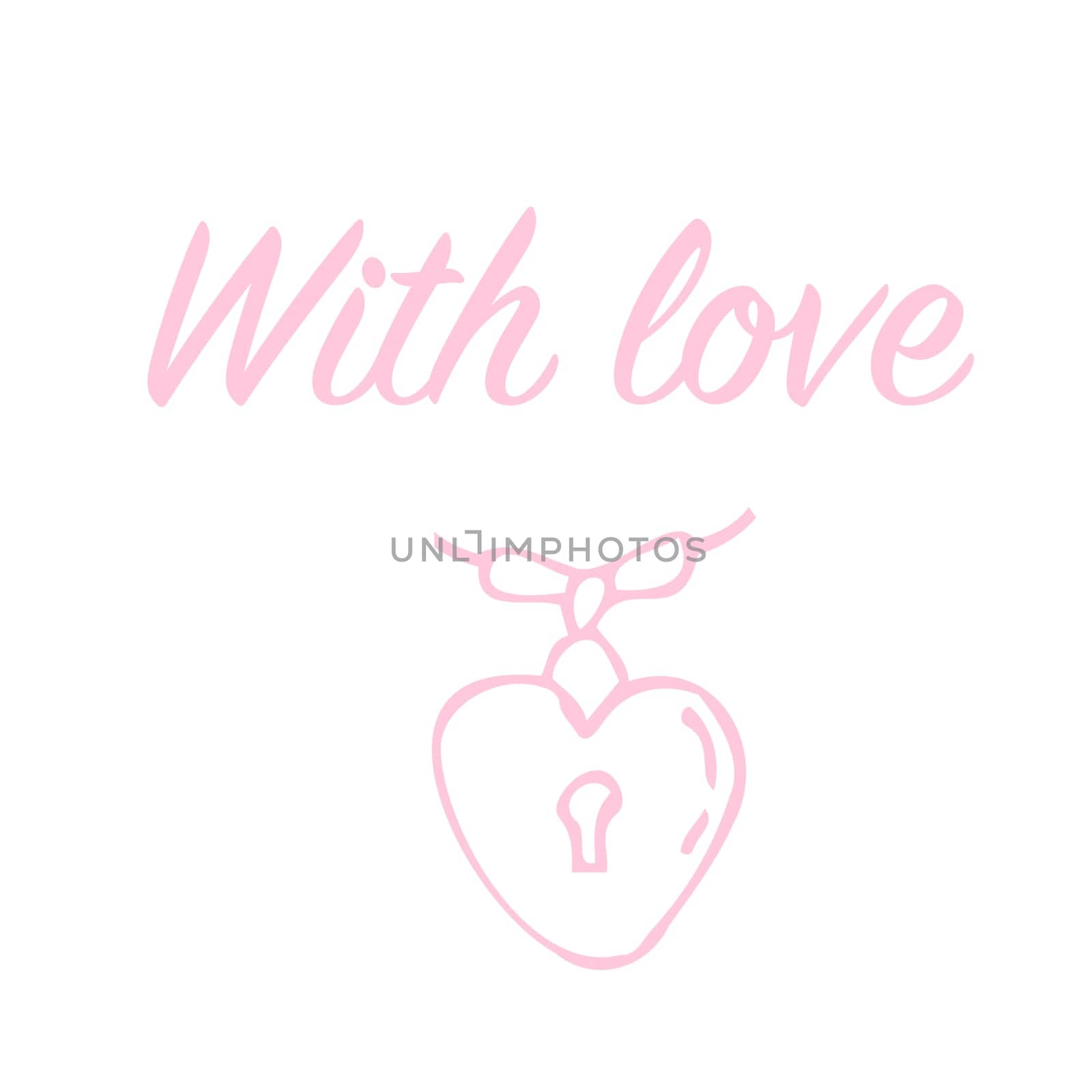 card with love lettering and locket with heart lock - or design for t-shirt. Vector illustration isolated in pink color. Pastel pink lettering and necklace for print, textile, poster, greeting card.