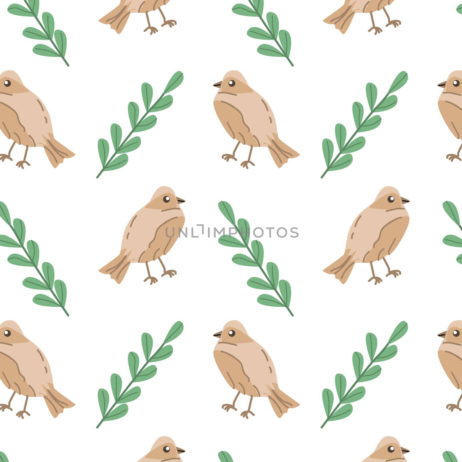 Hand drawn bird with leaves - seamless pattern. Vector illustration can use for wallpaper, poster, print.