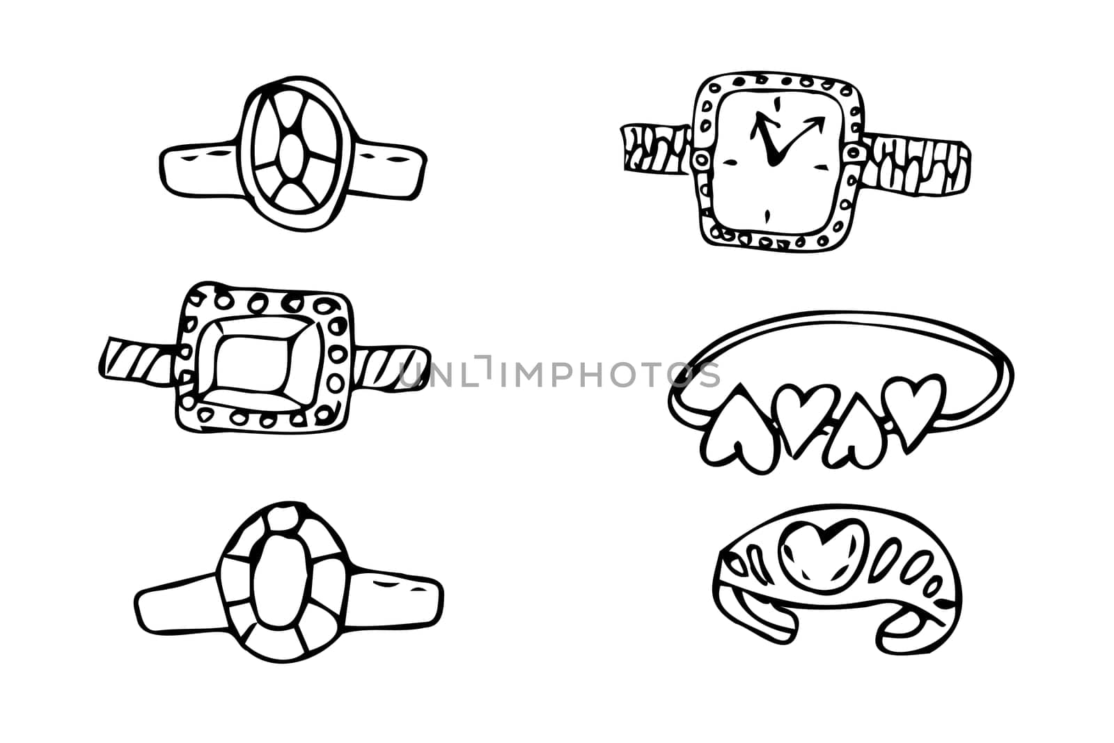 Hand drawn jewerly ring and watch set. Vector illustration isolated. Can used for greeting card, beauty banner, posters, clothes print. Sketch style.