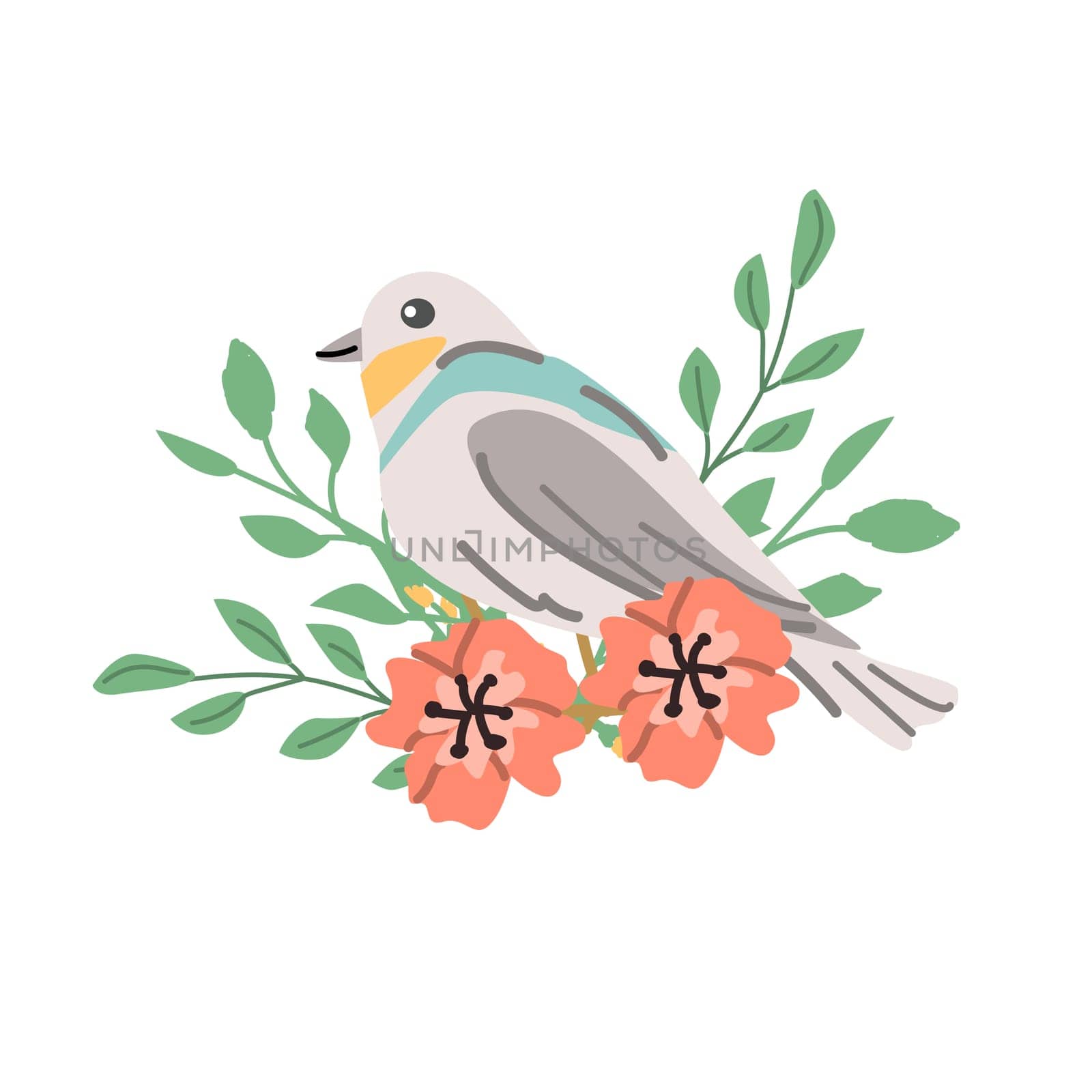spring or summer bird with floral elements design for greeting card. Vector illustration isolated. Can used for wallpaper, poster, print design for notebook cover, clothes.