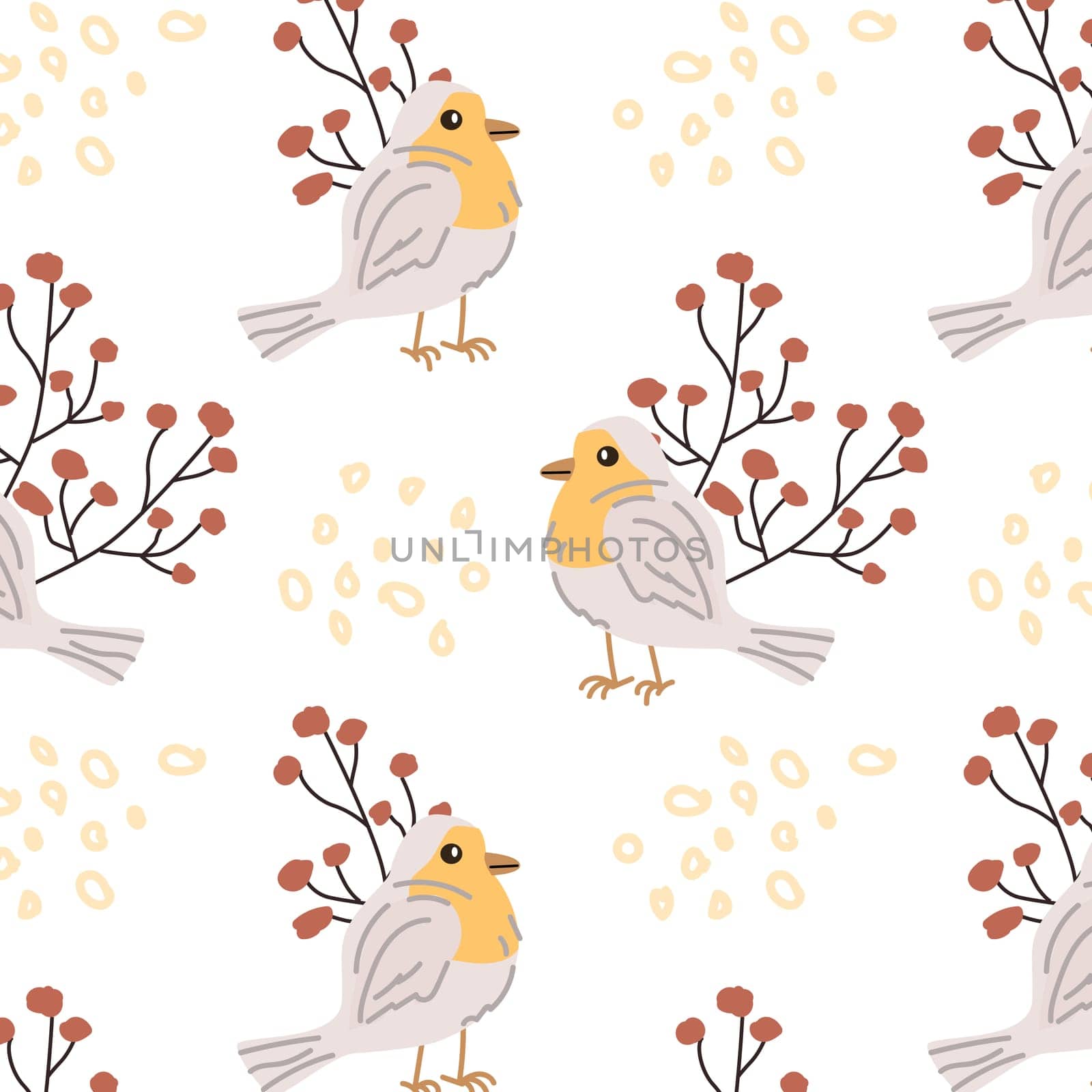Adorable robin bird with floral branch - seamless pattern. Vector illustration can use for wallpaper, poster, print. Autumn pastel colors.