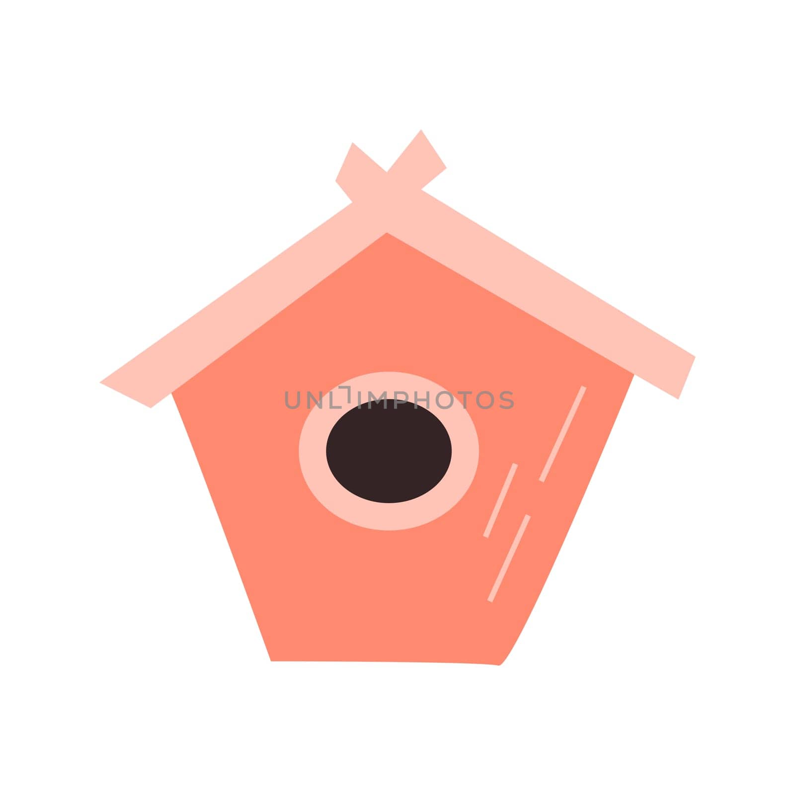 Spring birdhouse of wood - Hand drawn vector illustration isolated, pink color. Vector illustration can used for greeting card, template for banner, postcard.