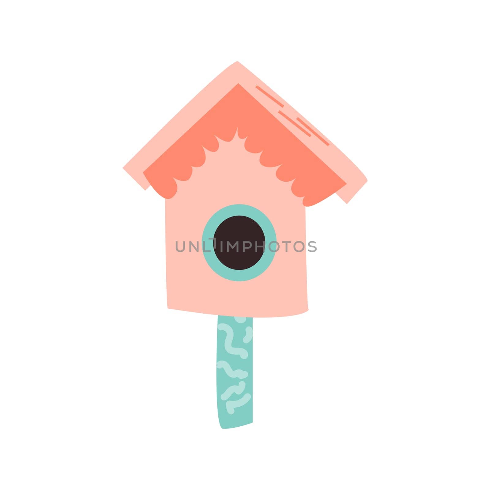 Spring birdhouse of wood - Hand drawn vector illustration colored. Vector illustration can used for greeting card, template for banner, postcard.
