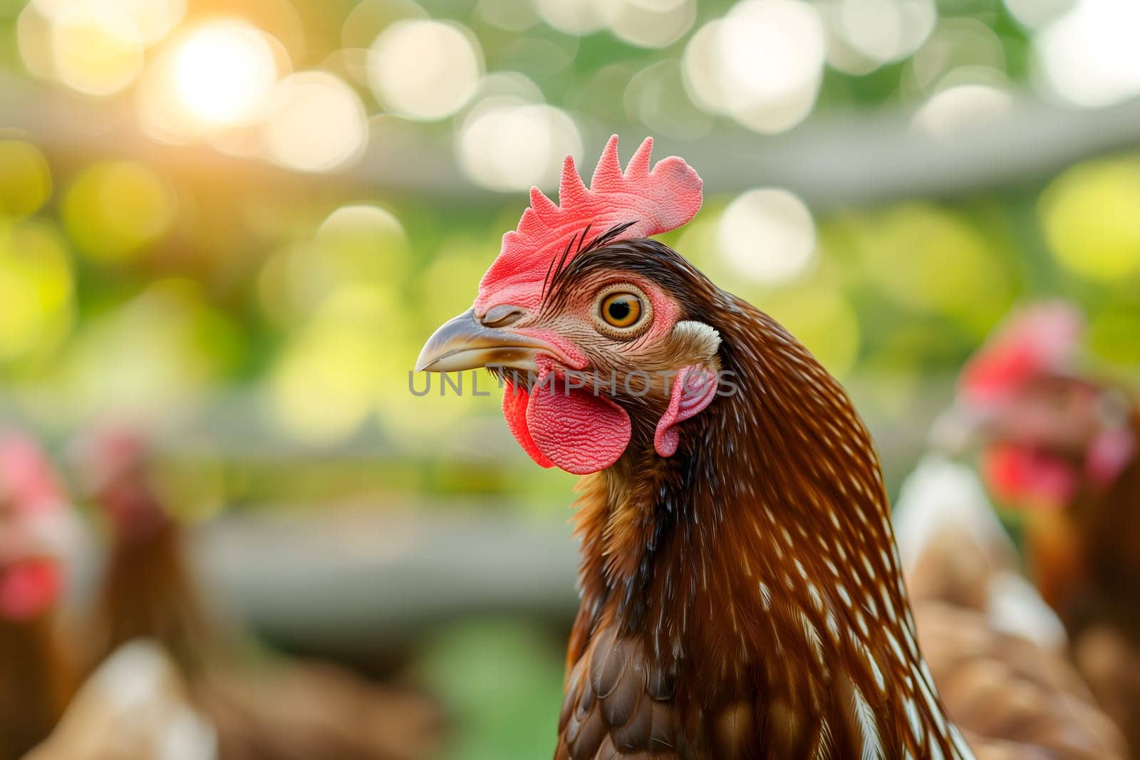 Portrait of hen on the chicken farm, closeup with bokeh. Neural network generated image. Not based on any actual person or scene.