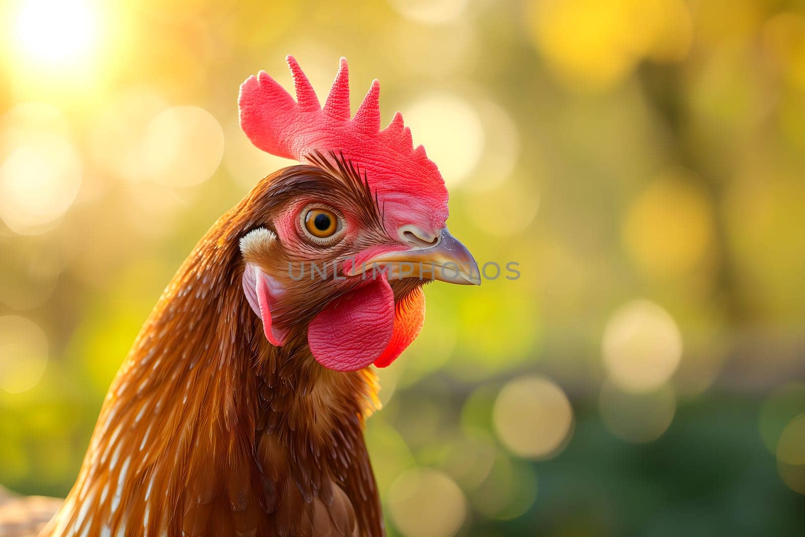 Portrait of hen on the chicken farm, closeup with bokeh. Neural network generated image. Not based on any actual person or scene.