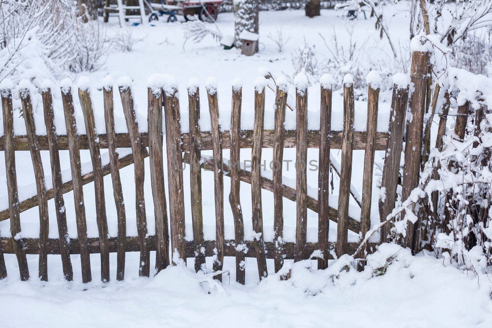 Snow-covered garden fence with garden gate at an allotment garden in winter, Germany