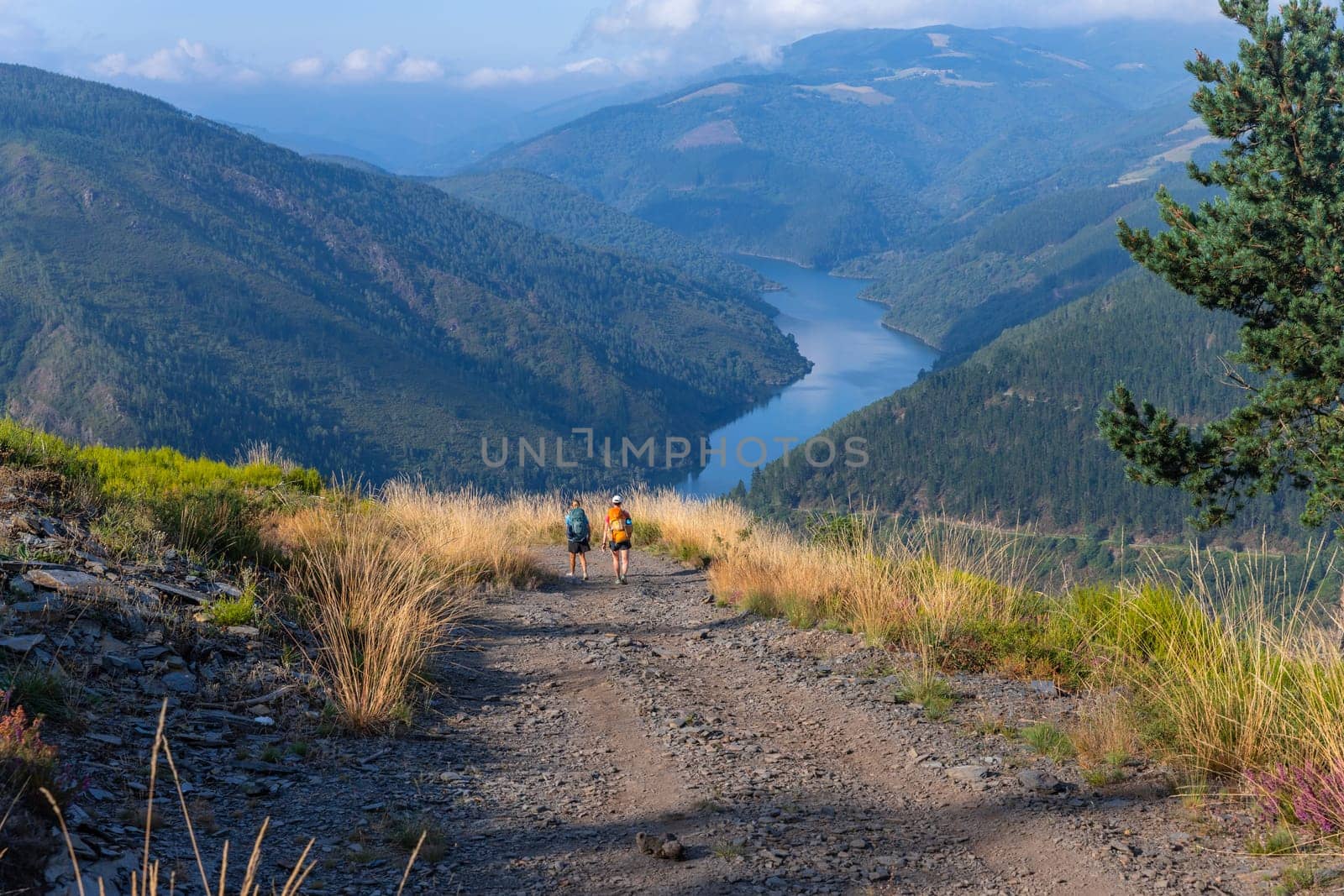 Asturias, Spain: 19 July 2023: Pilgrims on the Camino de Santiago (The Way of Saint James) among the fog morning light at the mountains. Primitivo. Asturias, Spain