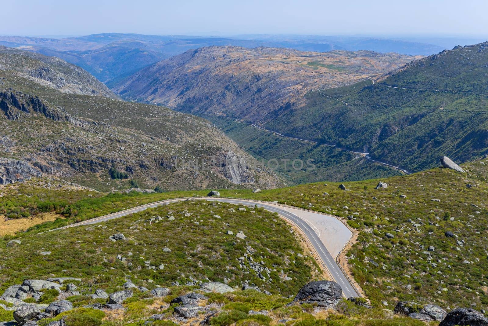 Landscape of the Serra da Estrela mountain range, along road, in Portugal