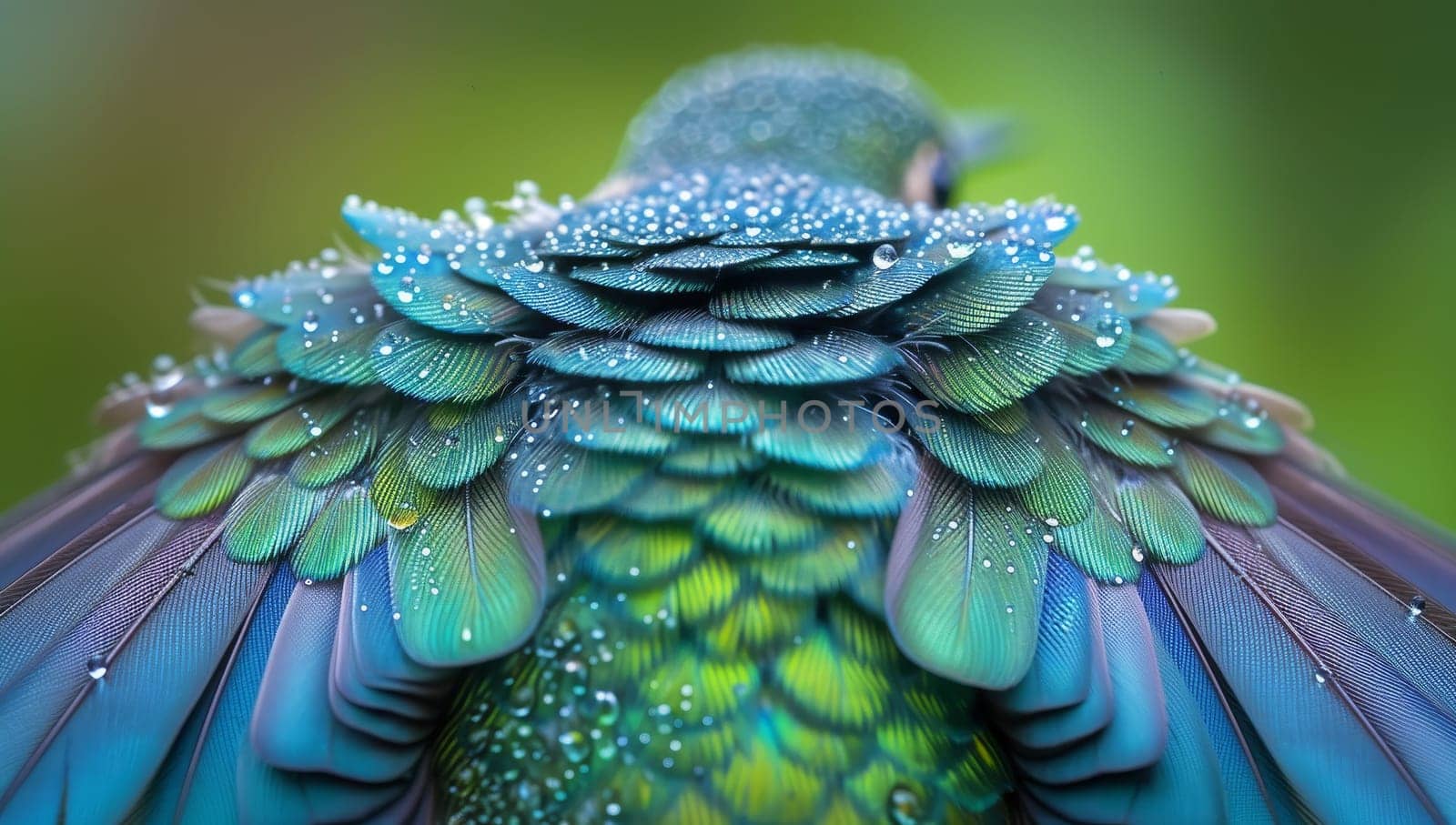 Close up shot of a colorful bird with water drops on its wings