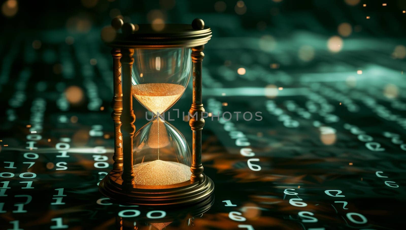 Time concept with hourglass and binary code. 3D Rendering