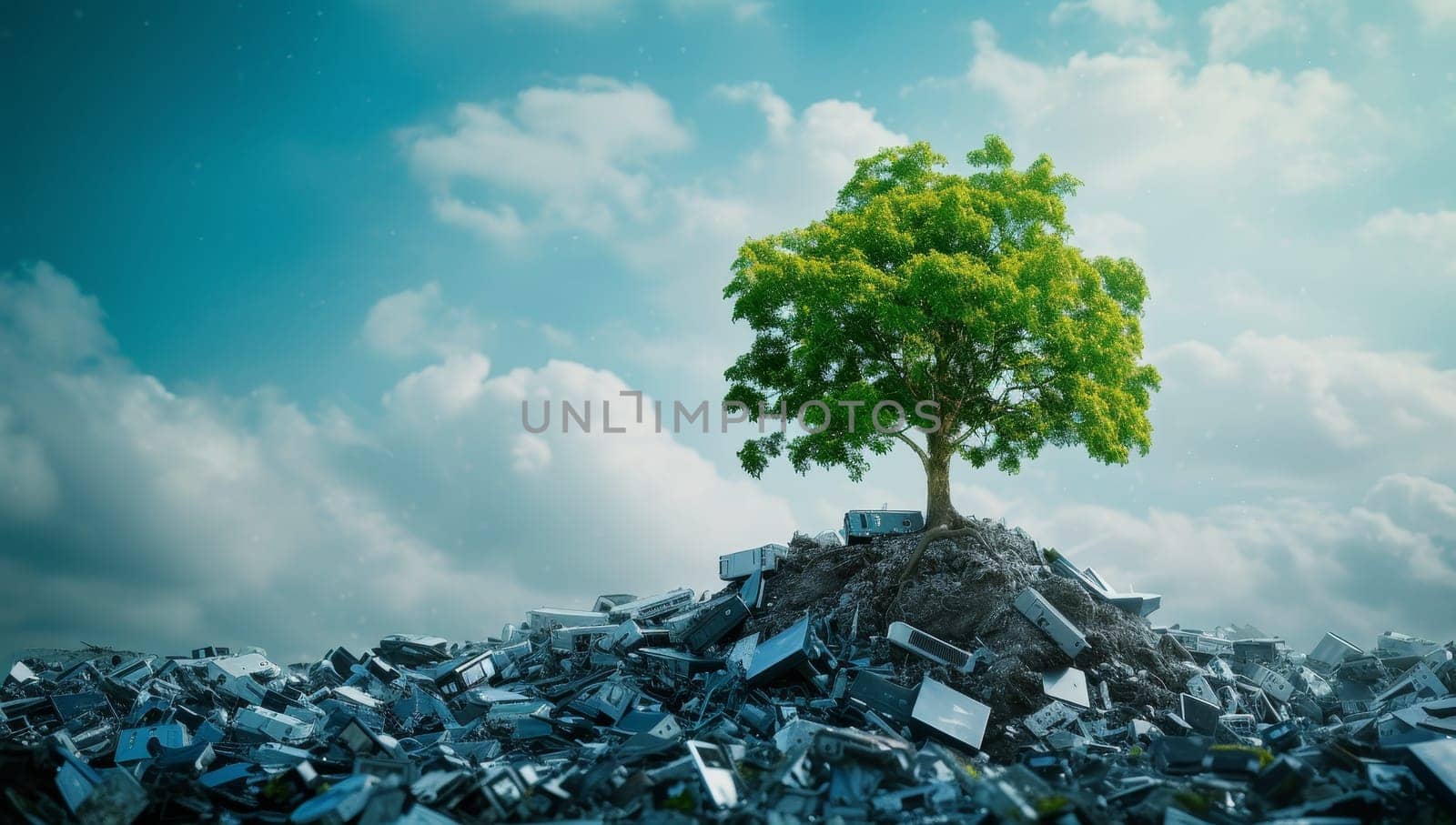 Green tree thrives amidst electronic waste under bright sky