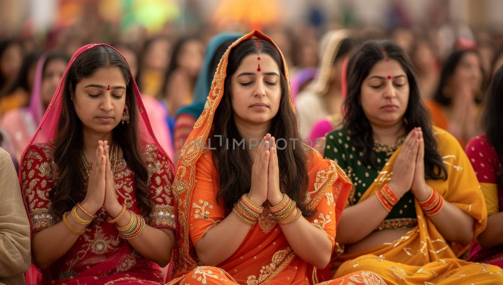 Indian women in traditional clothes praying at the Holi festival in India
