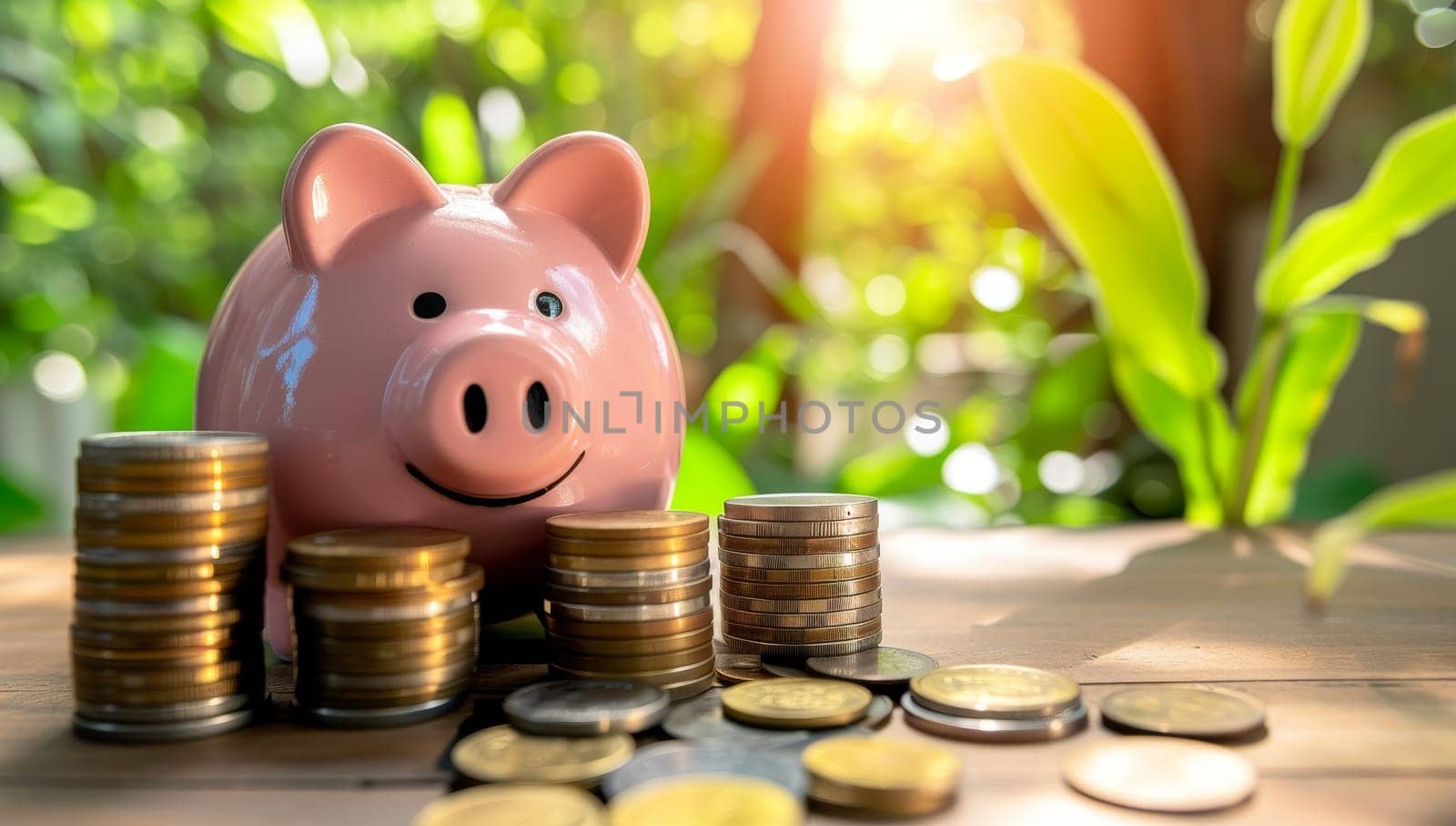 Piggy bank and coins on wooden table with nature background.
