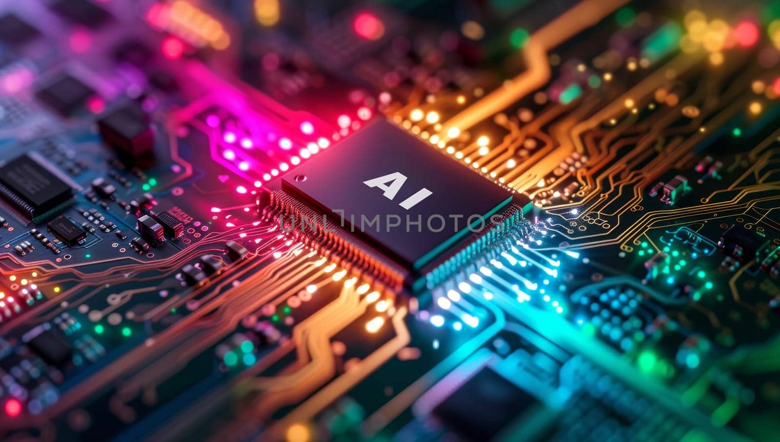 AI chip illuminating a colorful circuit board