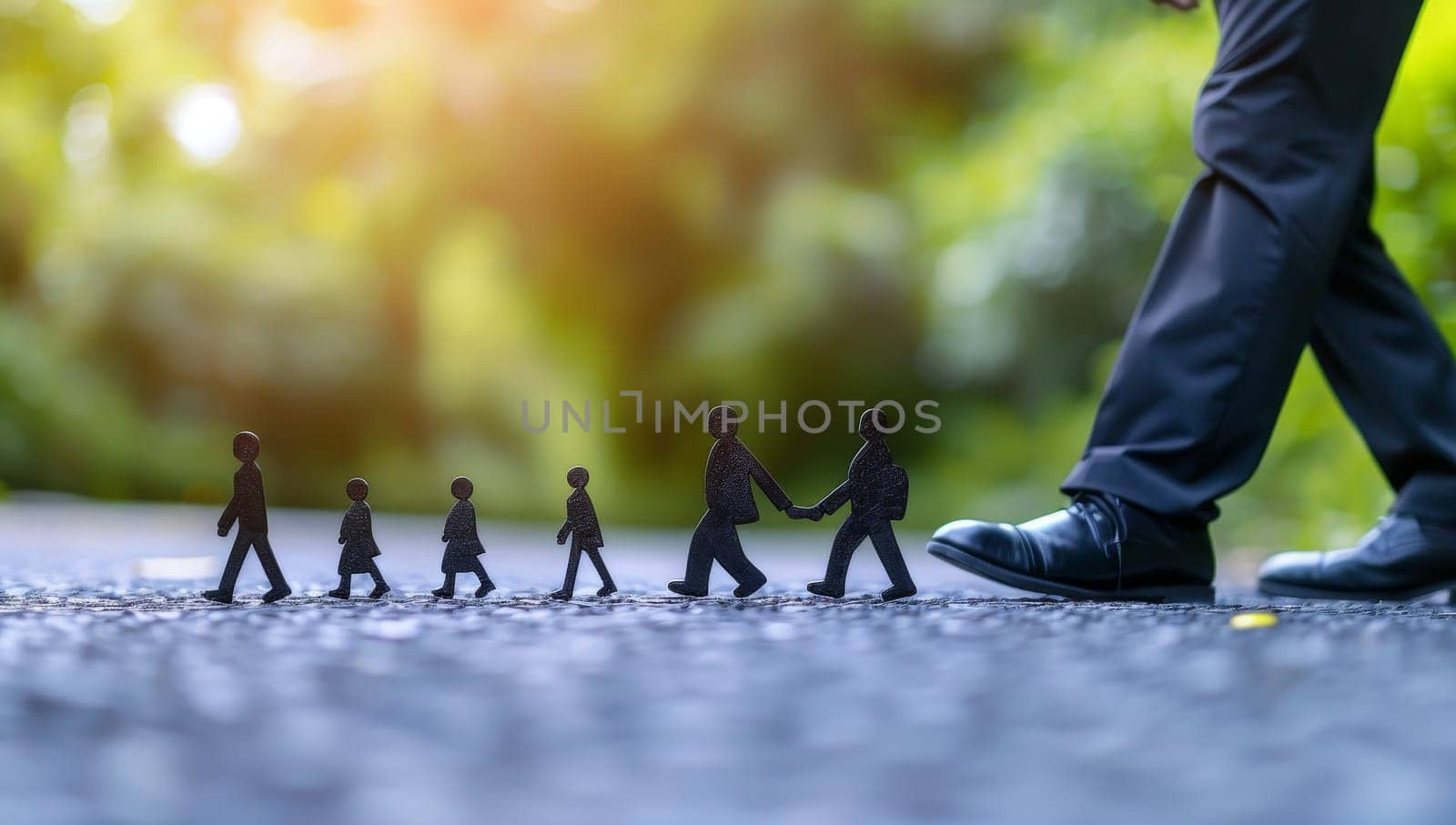 Miniature people standing on the road. Concept of business and teamwork.