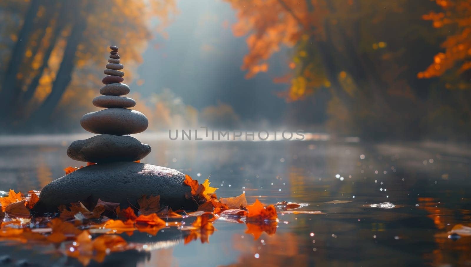 Zen stones stacked by a misty lake surrounded by autumn leaves