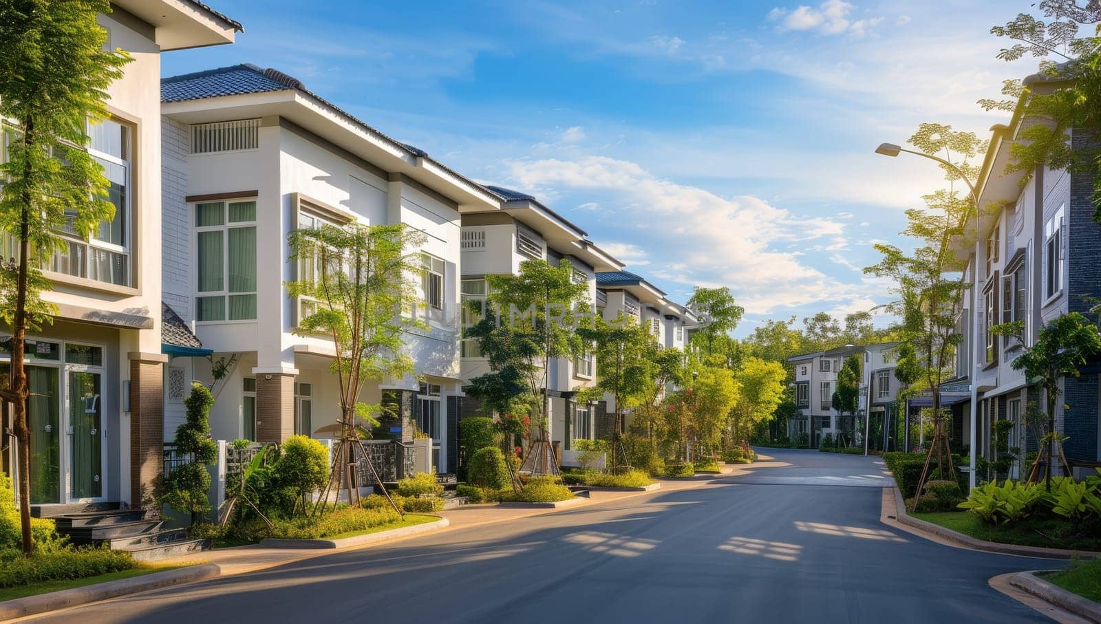 Modern townhouses line a peaceful street bathed in sunlight.