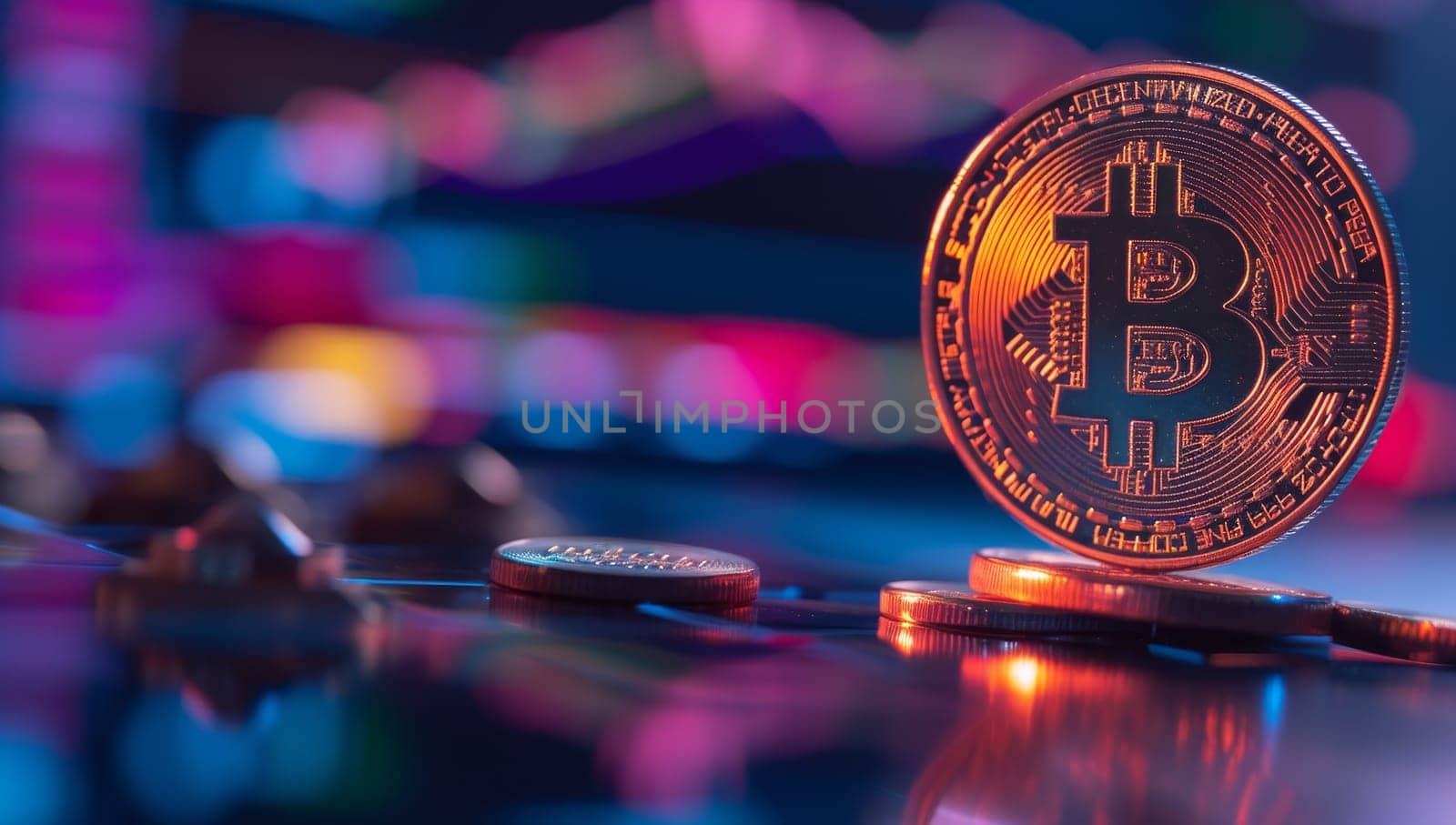 Bitcoin cryptocurrency coin with colorful bokeh background. Cryptocurrency concept.