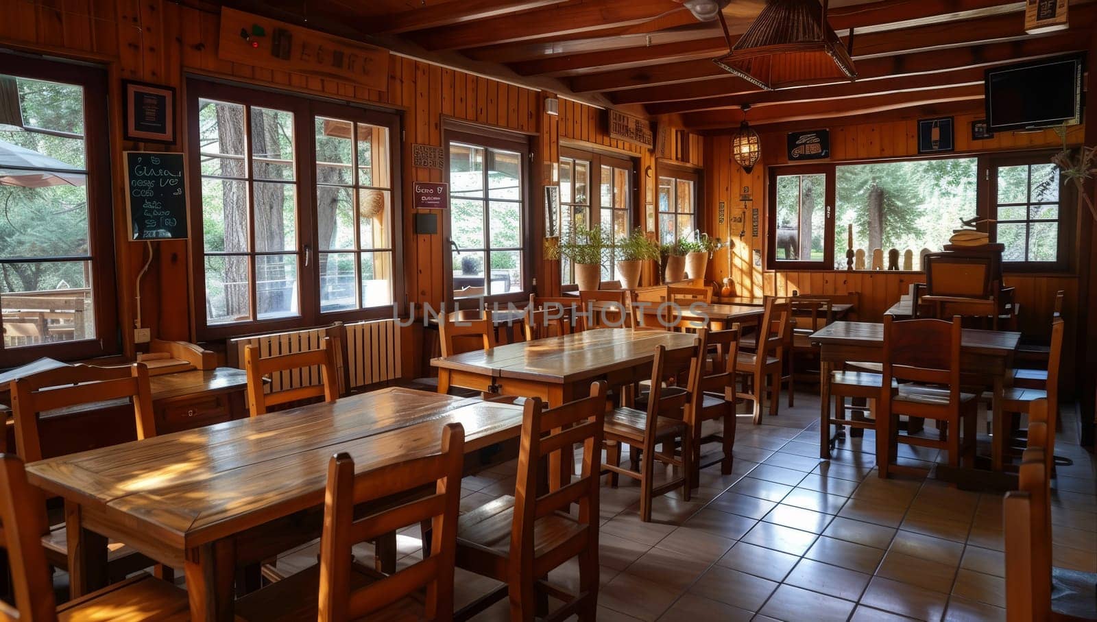 Interior of a restaurant with wooden chairs and tables. Nobody inside