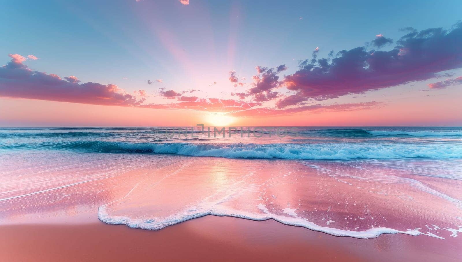 Beautiful sunset over the sea. Colorful sky and waves.