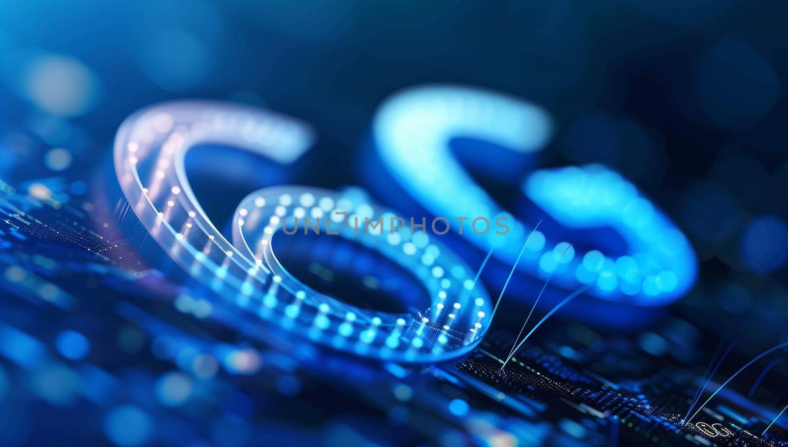 Glowing blue 6G symbol on a detailed circuit board