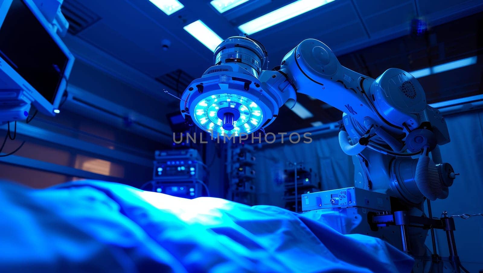Equipment and medical devices in operating room take with art lighting and blue filter