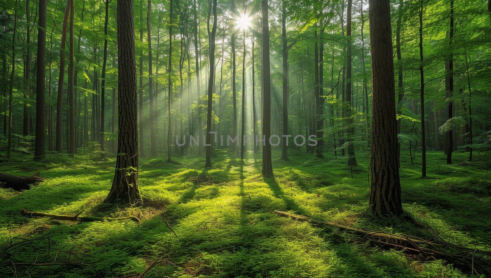 Morning in the green forest with sunbeams and rays of light