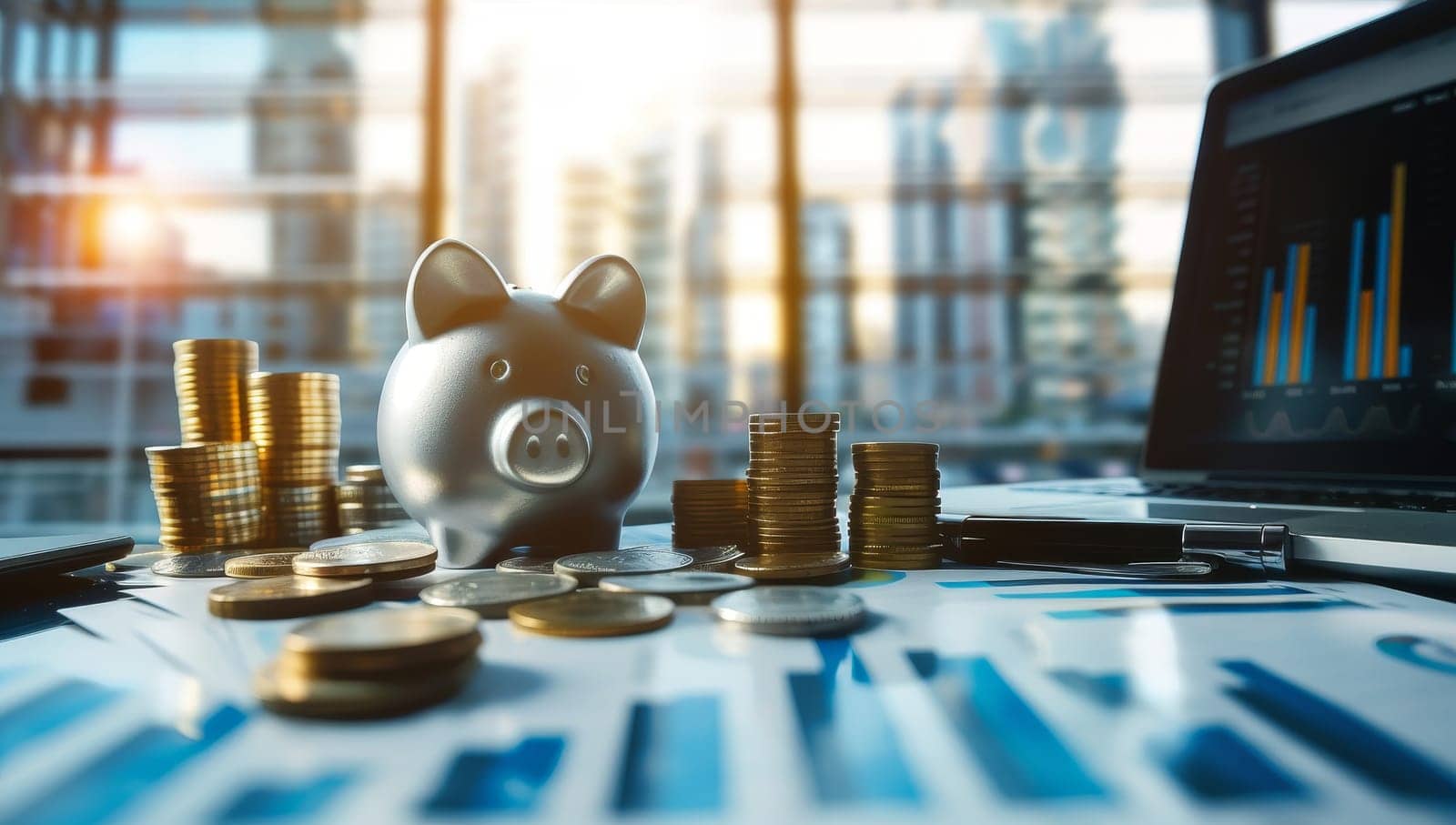 Piggy bank and coins on table in office with laptop computer and graph business diagram and city view.