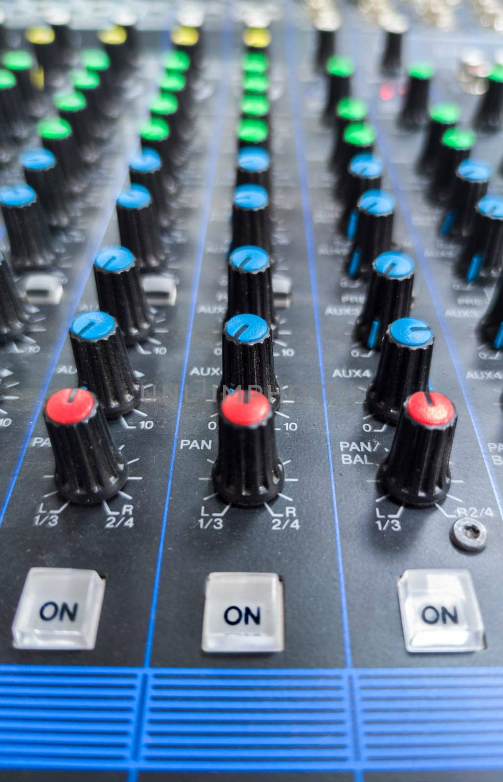 Sound board controls display. Three On buttoms in focus