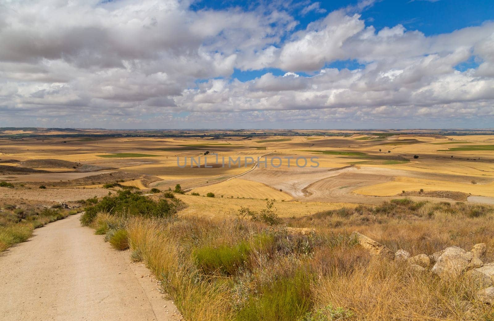 Rural road in the Spanish countryside among agricultural fields, after wheat harvest season. Navarra, Spain