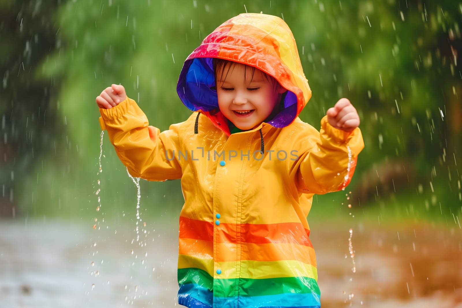 Happy child in colorful raincoat enjoying rain. Neural network generated image. Not based on any actual person or scene.