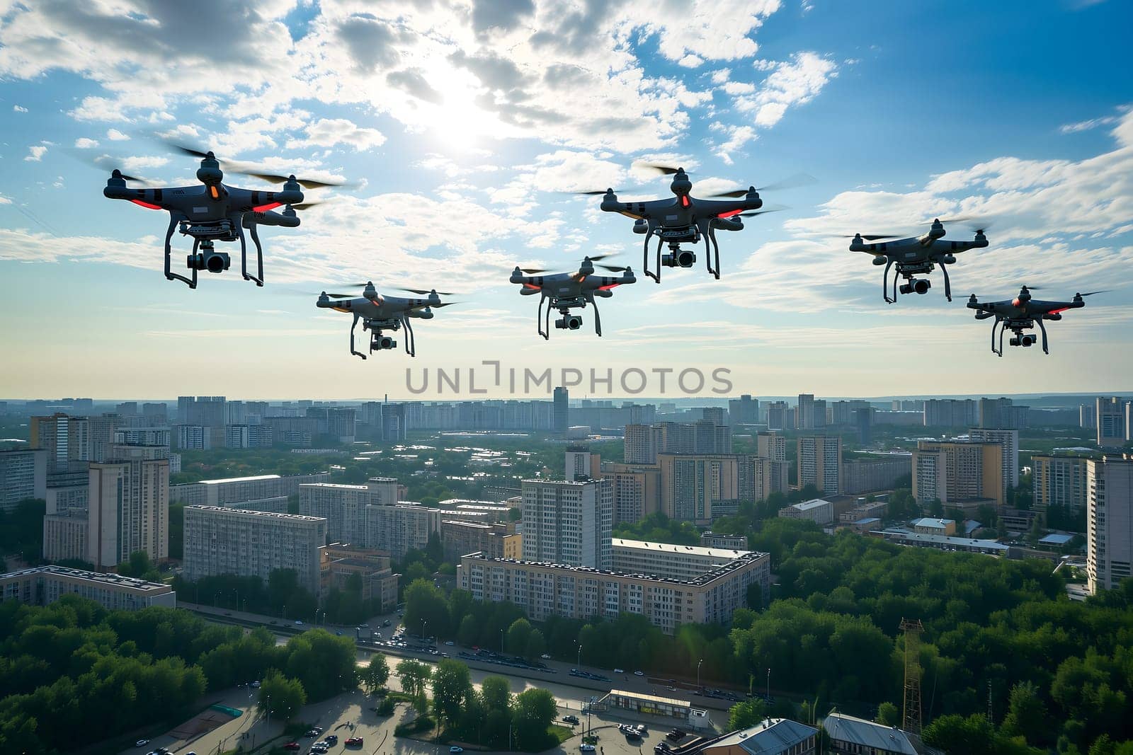Group of drones over city at summer day. Neural network generated image. Not based on any actual scene or pattern.